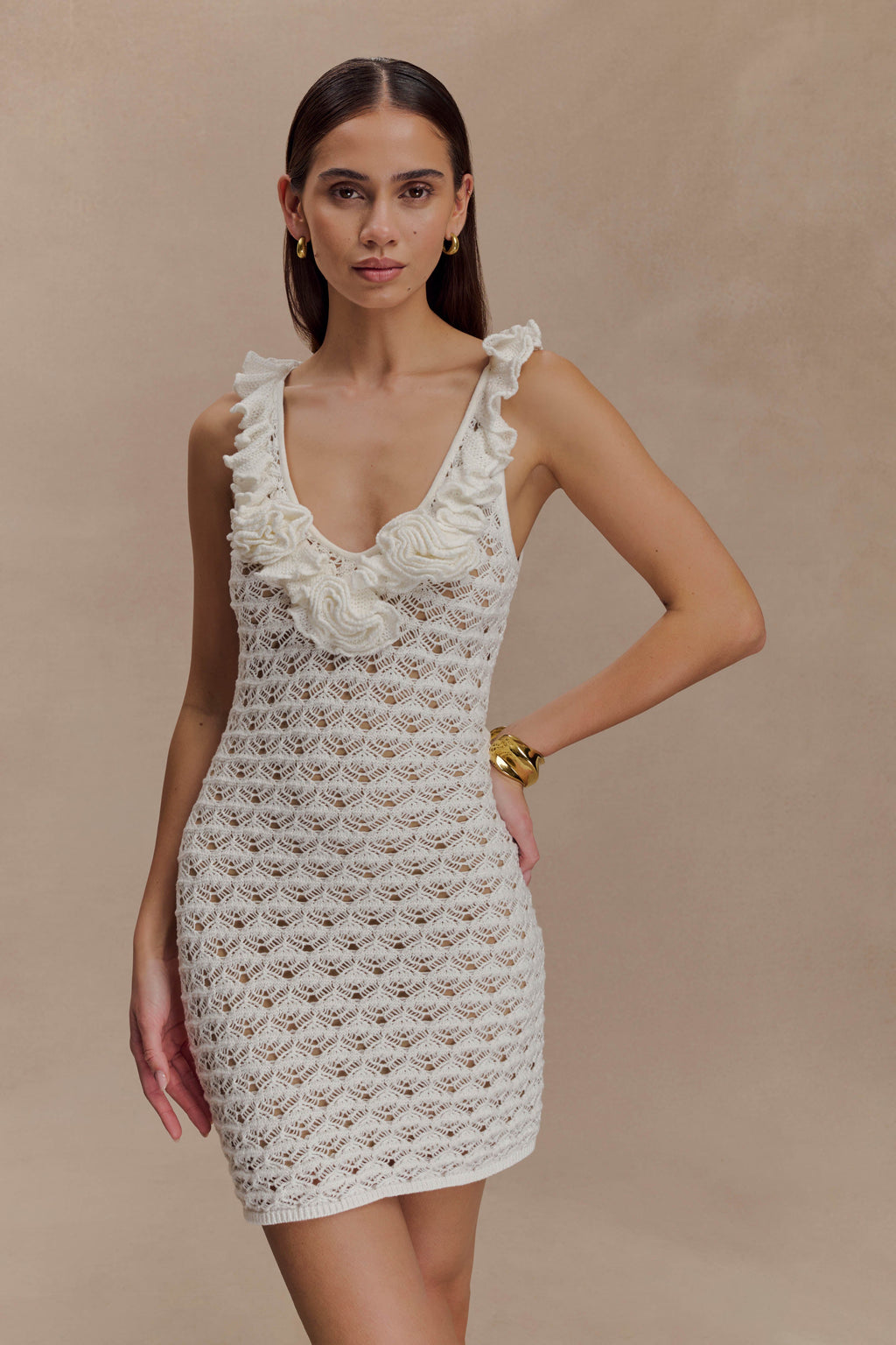 Brigid Ruffle Knit Sleeveless Dress in Ivory – Chic&Drifts