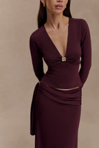 Miraby Front Ruched Knit Long Sleeve Top in Dark Chocolate – Chic&Drifts
