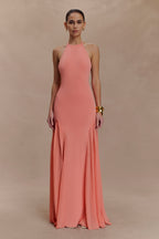 Soleil Knit And Mesh Halter Maxi Dress in Coral – Chic&Drifts