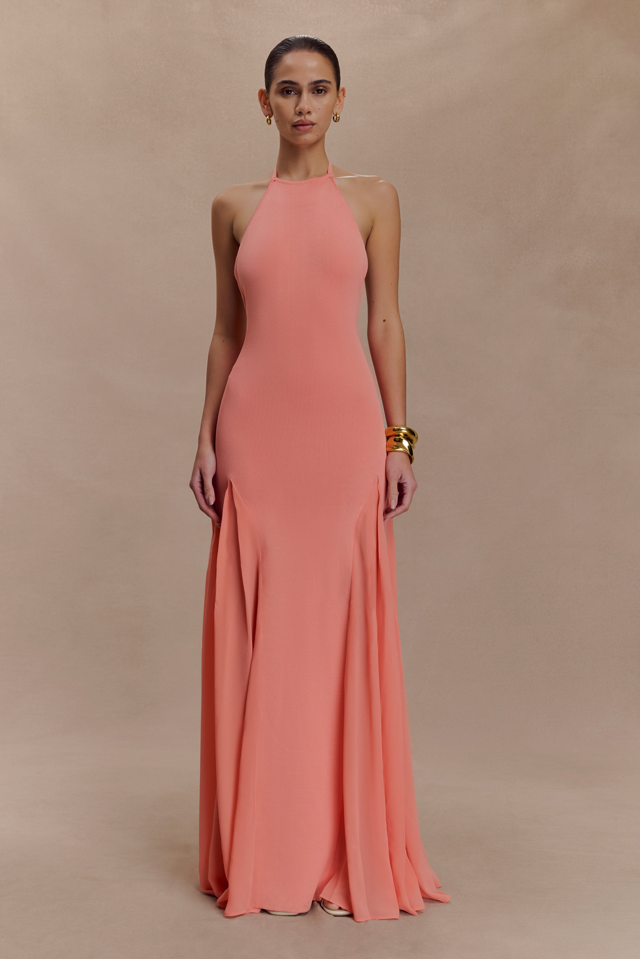 Soleil Knit And Mesh Halter Maxi Dress in Coral – Chic&Drifts