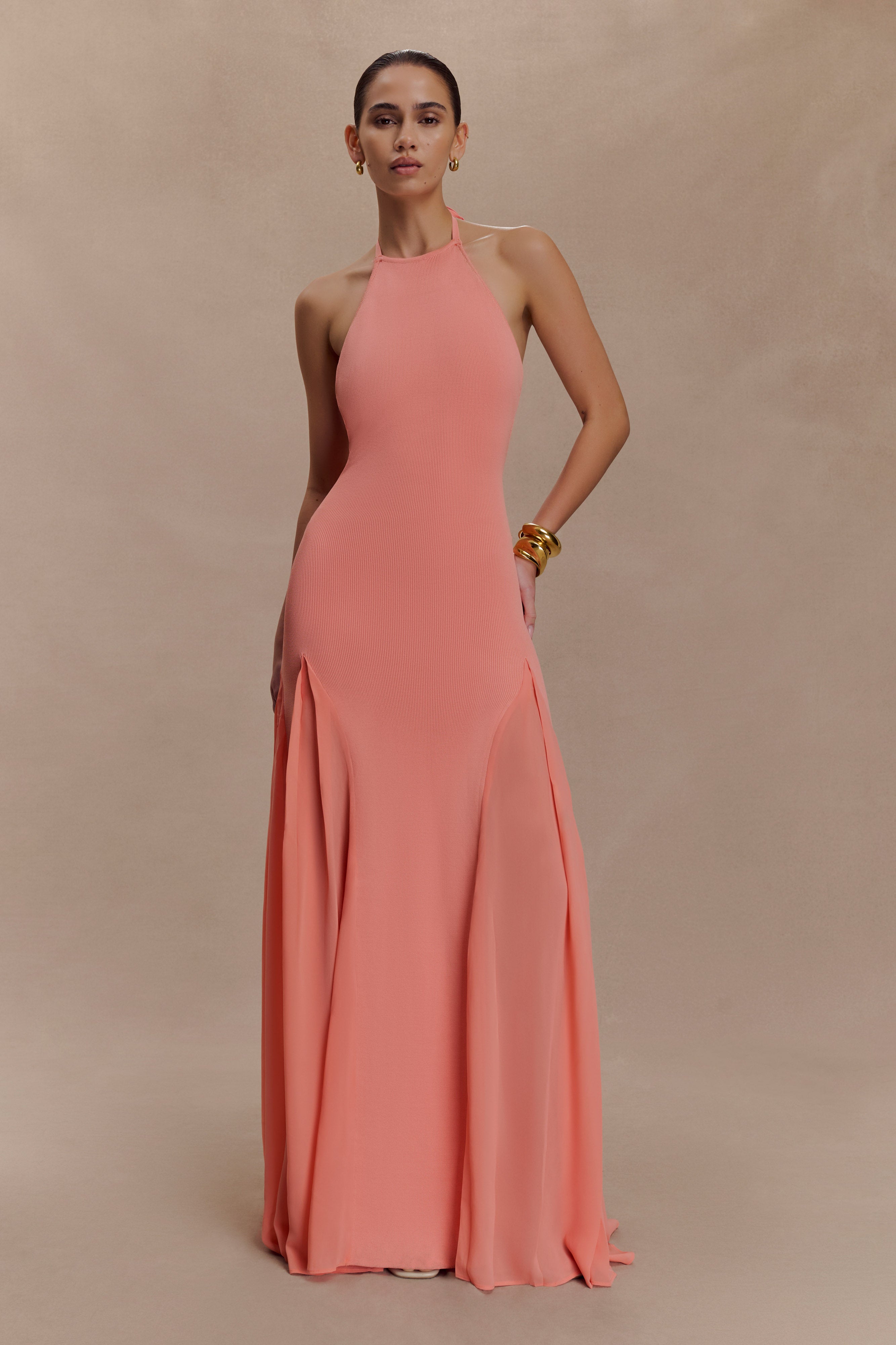 Soleil Knit And Mesh Halter Maxi Dress in Coral – Chic&Drifts