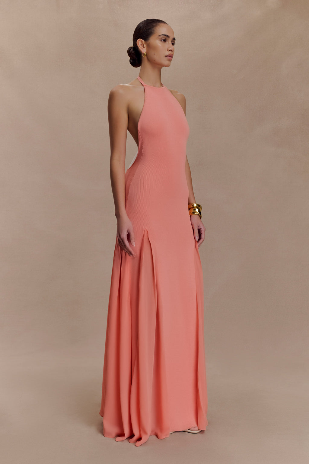 Soleil Knit And Mesh Halter Maxi Dress in Coral – Chic&Drifts