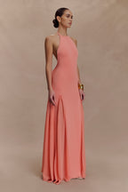 Soleil Knit And Mesh Halter Maxi Dress in Coral – Chic&Drifts