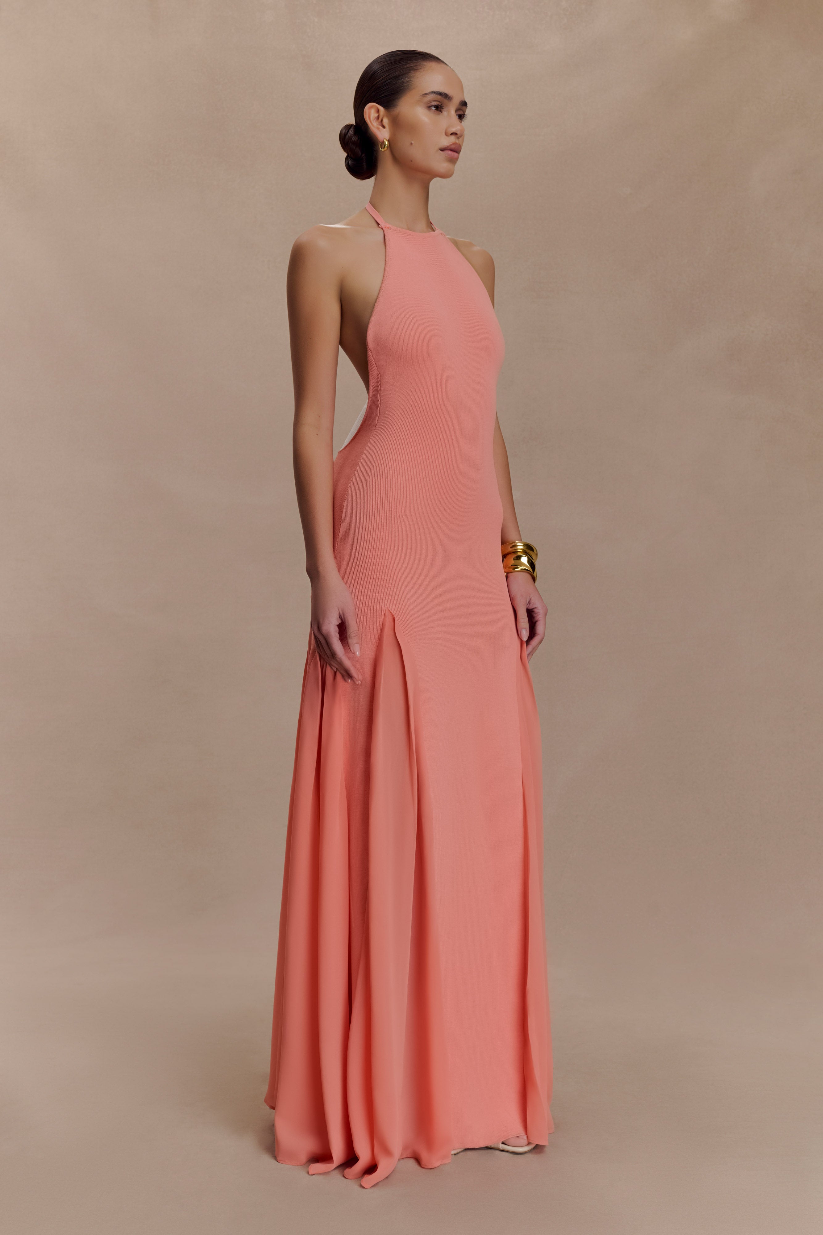 Soleil Knit And Mesh Halter Maxi Dress in Coral – Chic&Drifts
