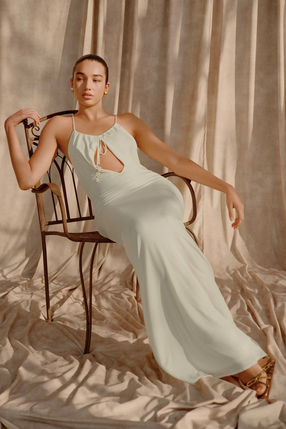 Beryl Slinky Maxi Dress With Pearls in Ivory – Chic&Drifts