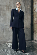 Jacqueline Pleated Wide Leg Trousers - Navy Pinstripe