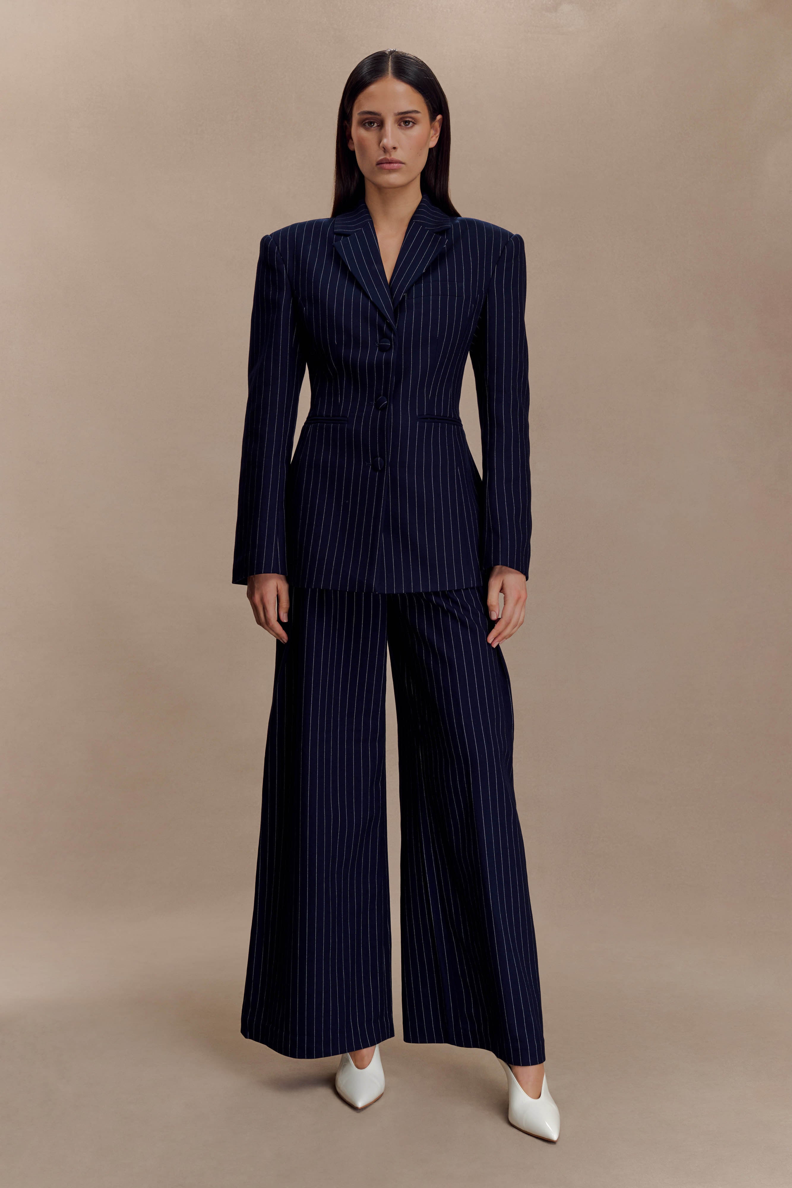 Jacqueline Pleated Wide Leg Trousers - Navy Pinstripe