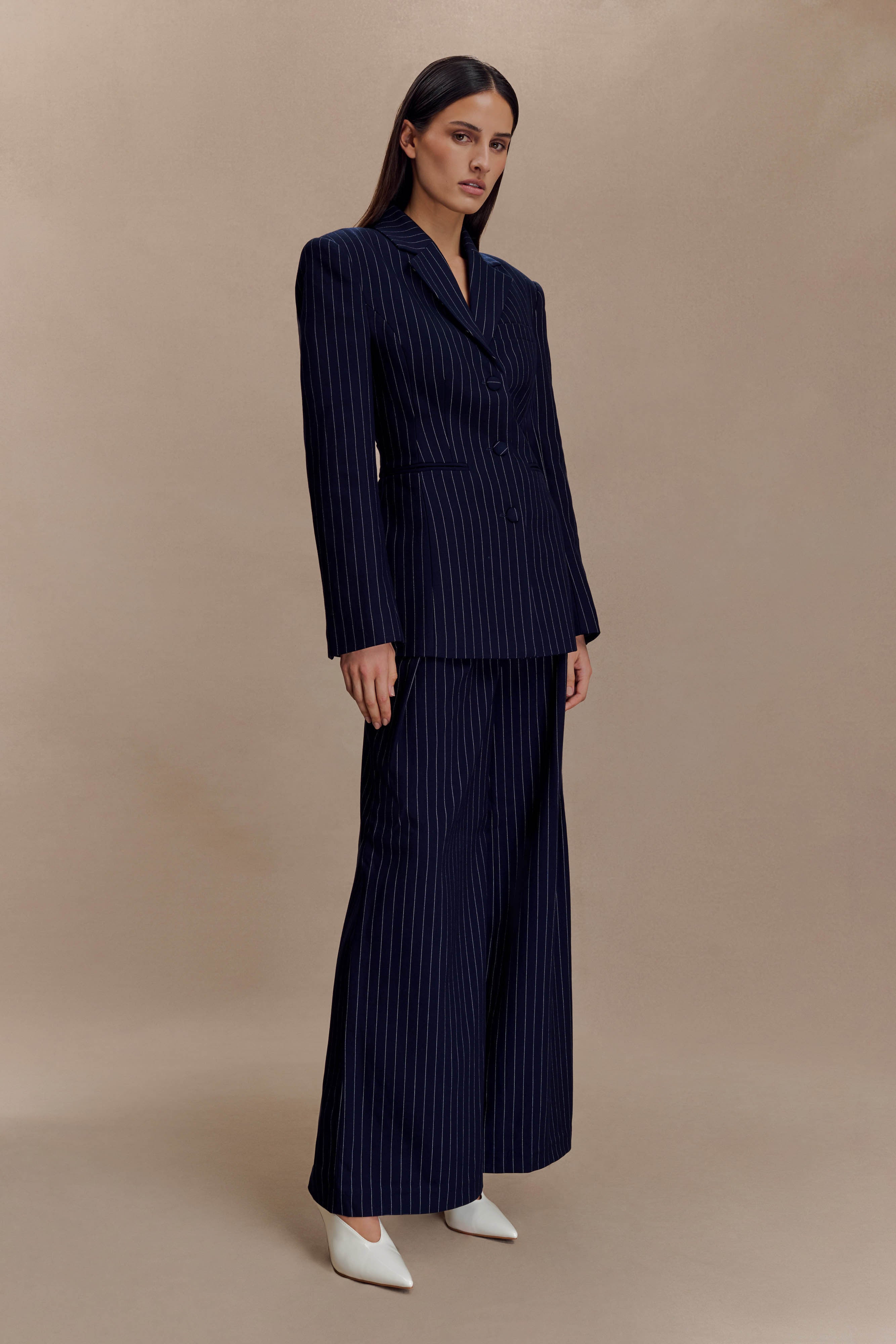 Jacqueline Pleated Wide Leg Trousers - Navy Pinstripe
