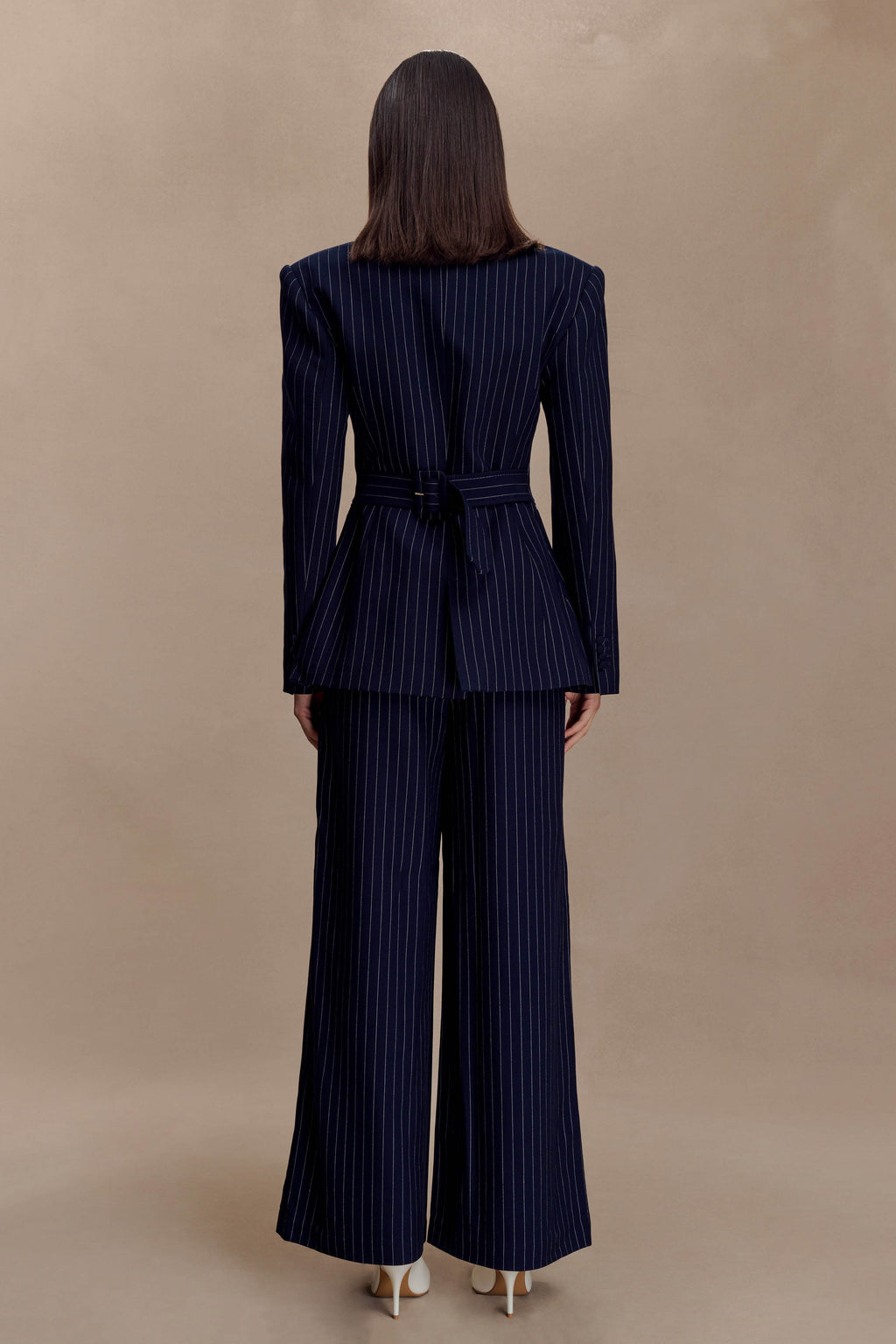 Jacqueline Pleated Wide Leg Trousers - Navy Pinstripe