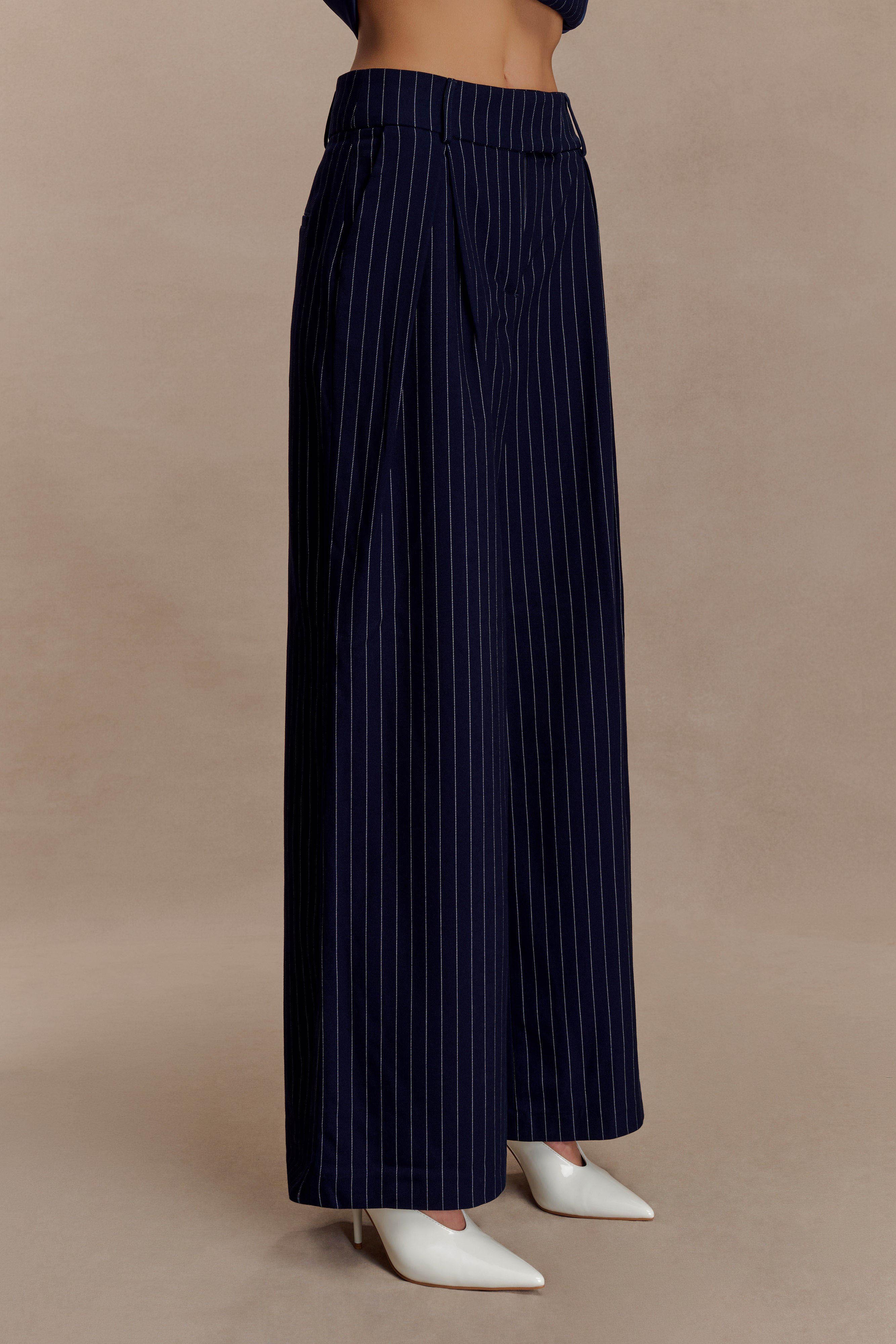 Jacqueline Pleated Wide Leg Trousers - Navy Pinstripe