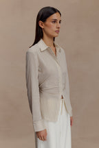 Millie Tie Back Cotton Shirt in Beige Pinstripe – Chic&Drifts