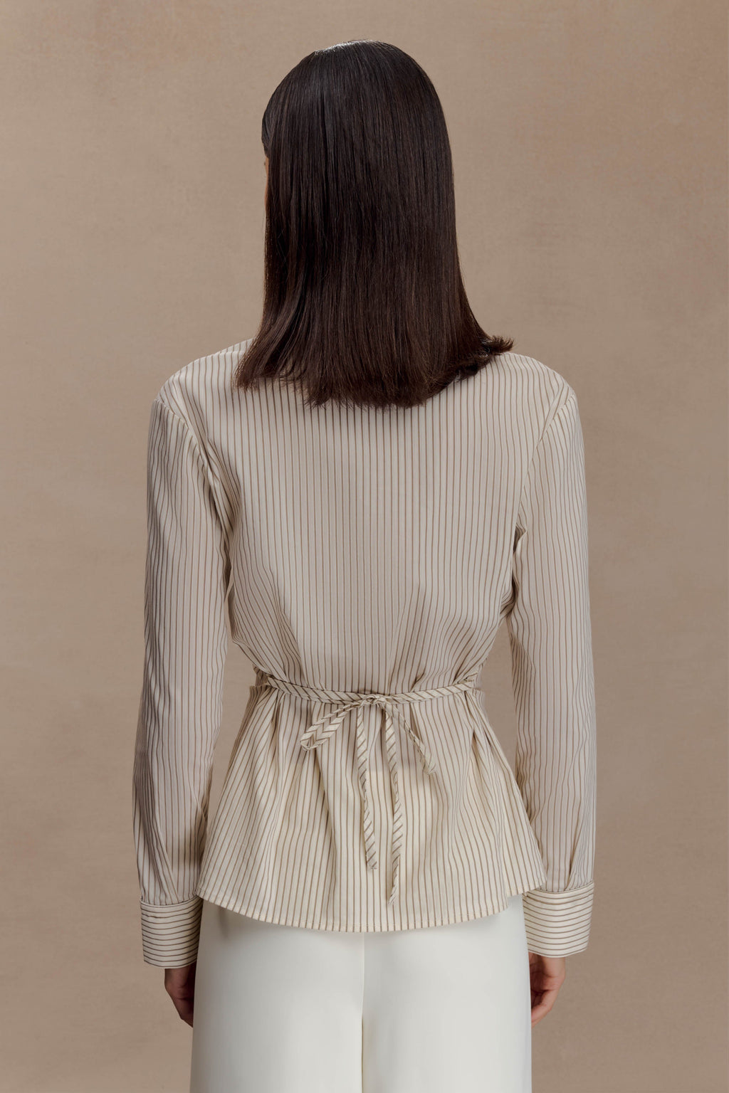 Millie Tie Back Cotton Shirt in Beige Pinstripe – Chic&Drifts