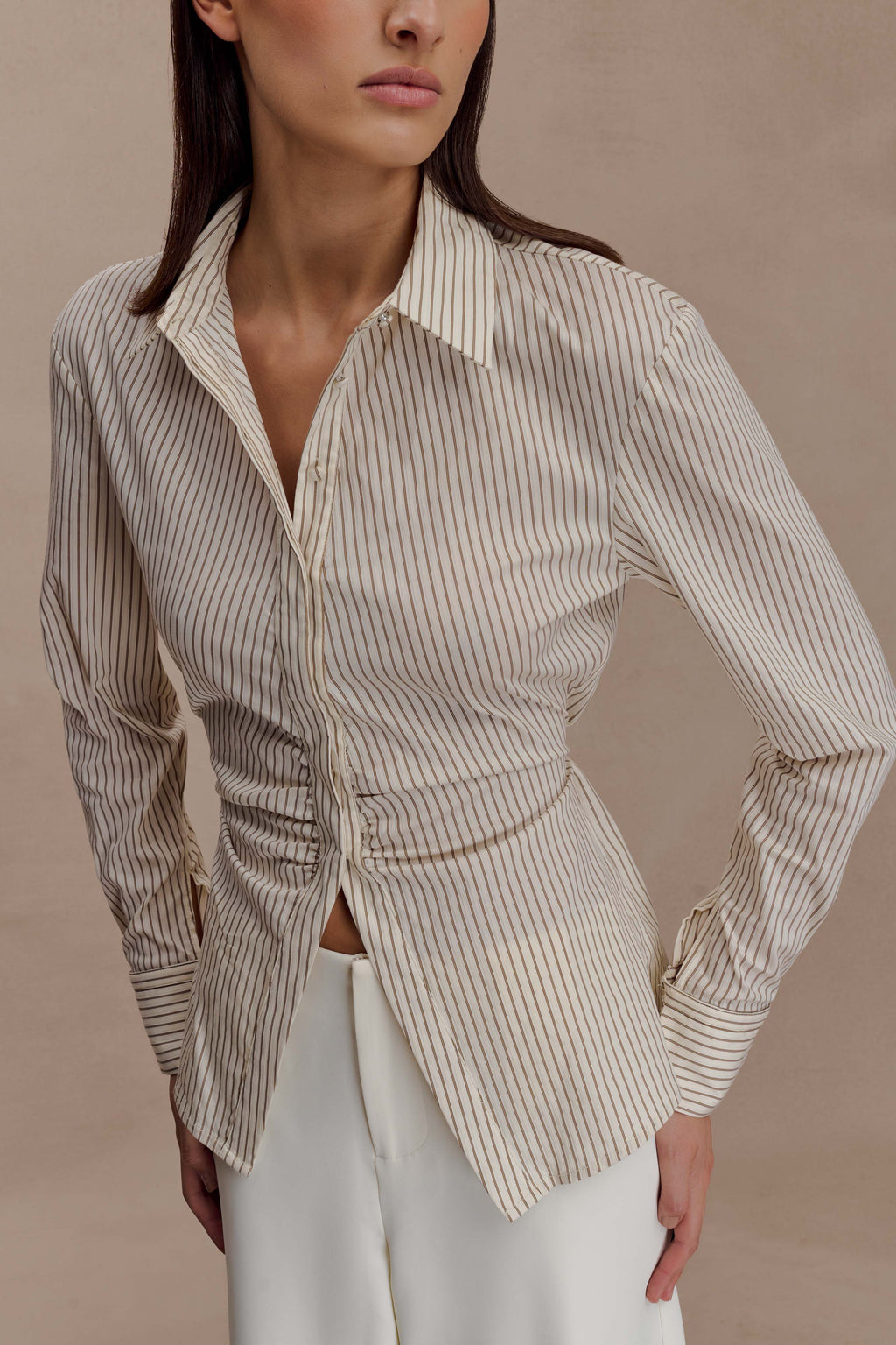 Millie Tie Back Cotton Shirt in Beige Pinstripe – Chic&Drifts