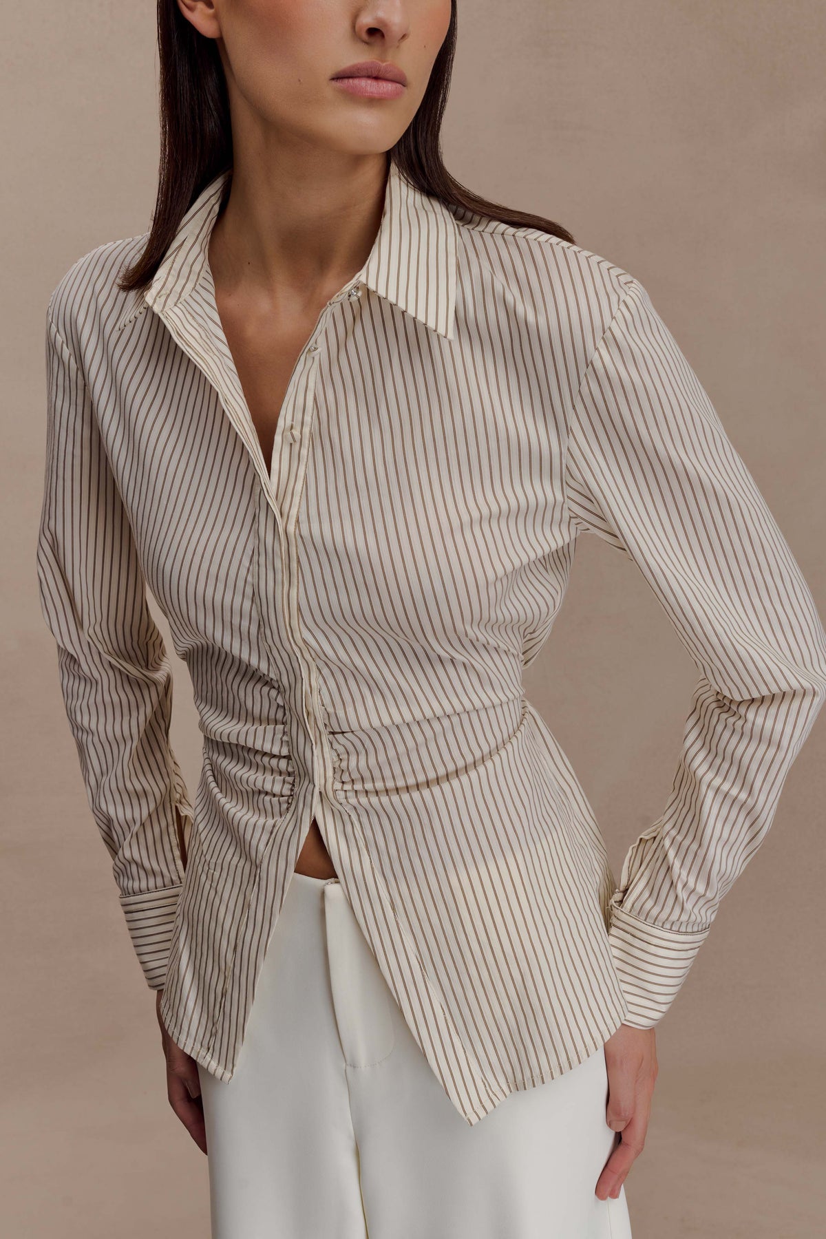 Millie Tie Back Cotton Shirt in Beige Pinstripe – Chic&Drifts