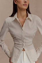 Millie Tie Back Cotton Shirt in Beige Pinstripe – Chic&Drifts