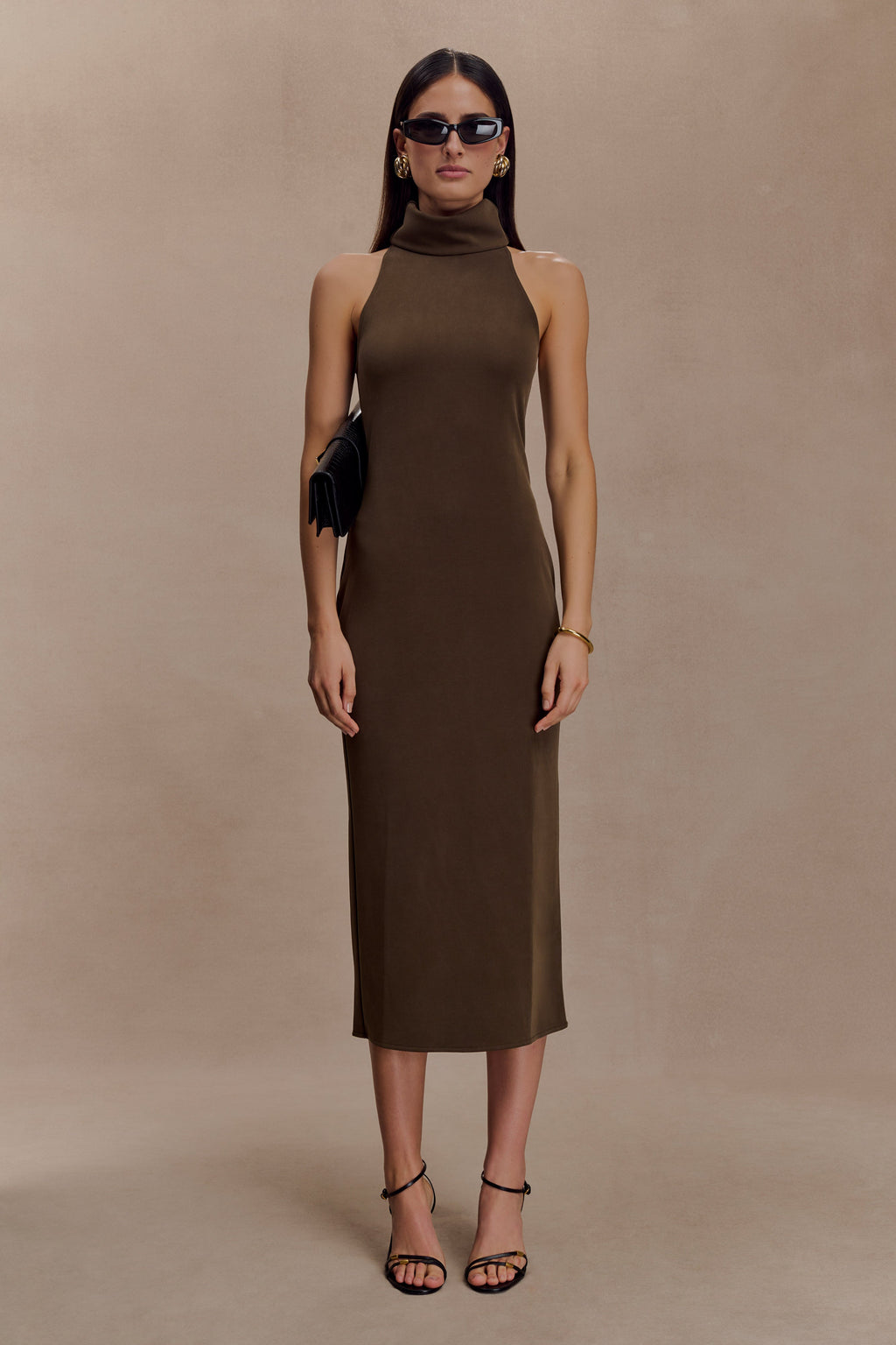 Kennedy High Neck Midi Dress in Chocolate – Chic&Drifts