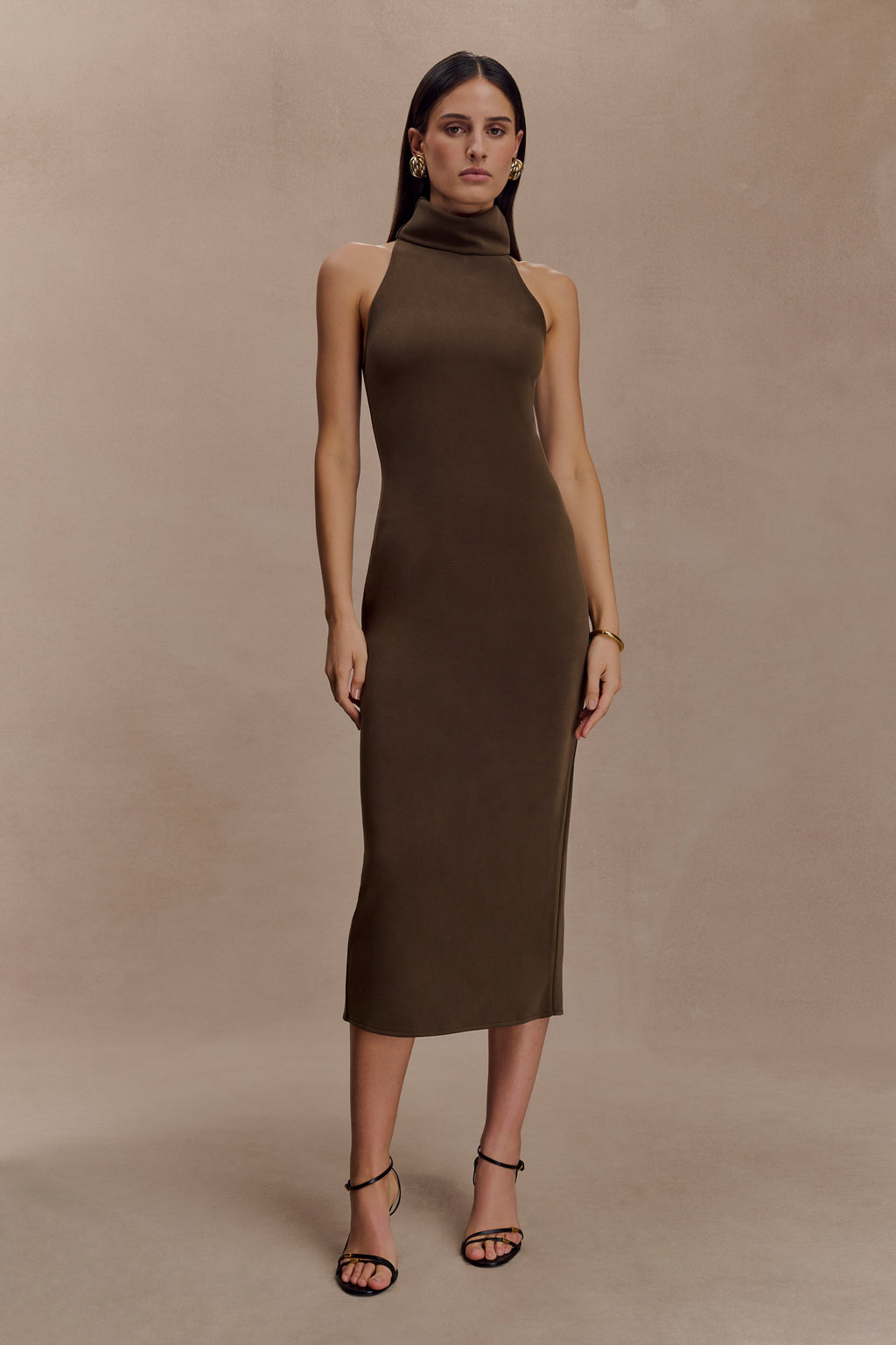Kennedy High Neck Midi Dress in Chocolate – Chic&Drifts