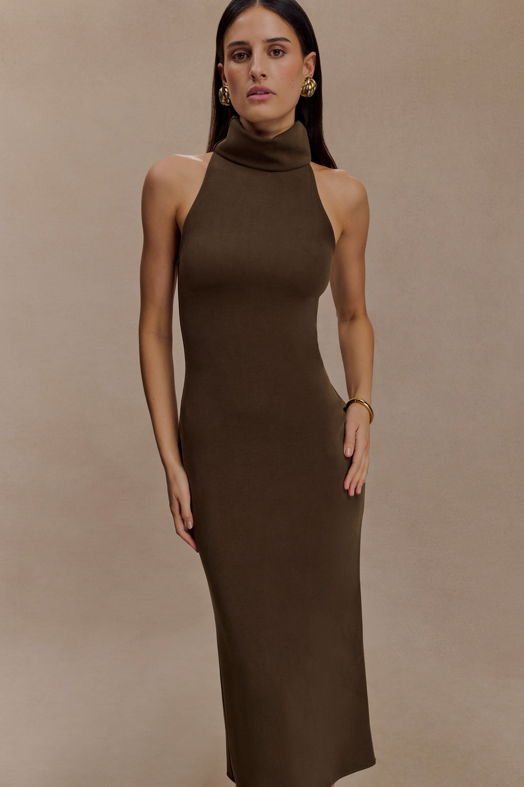 Kennedy High Neck Midi Dress in Chocolate – Chic&Drifts