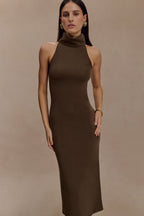 Kennedy High Neck Midi Dress in Chocolate – Chic&Drifts