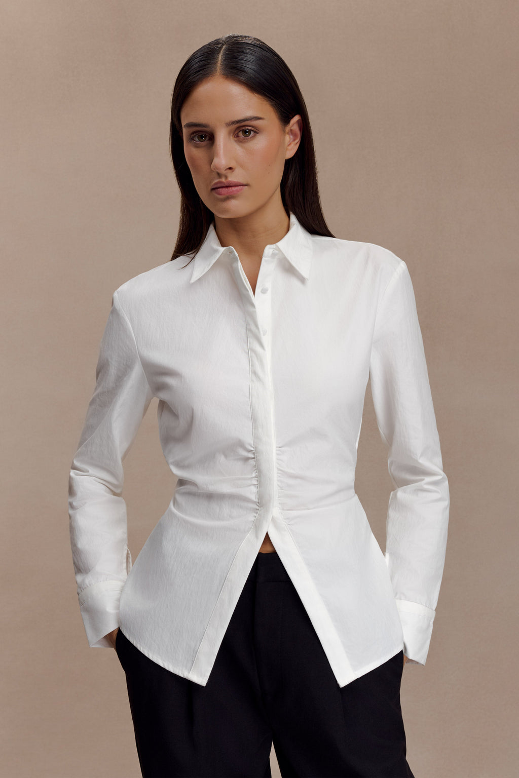 Millie Tie Back Cotton Shirt in Beige Pinstripe – Chic&Drifts