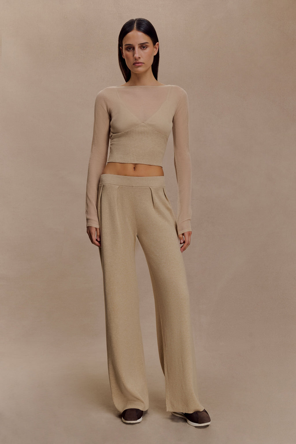 Frannie Gathered Silk Blend Knit Trousers - Sand