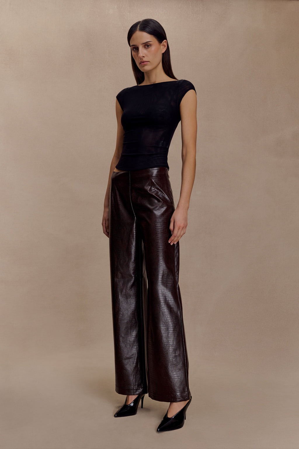 Henry Croc Faux Leather Straight Leg Trousers - Dark Chocolate