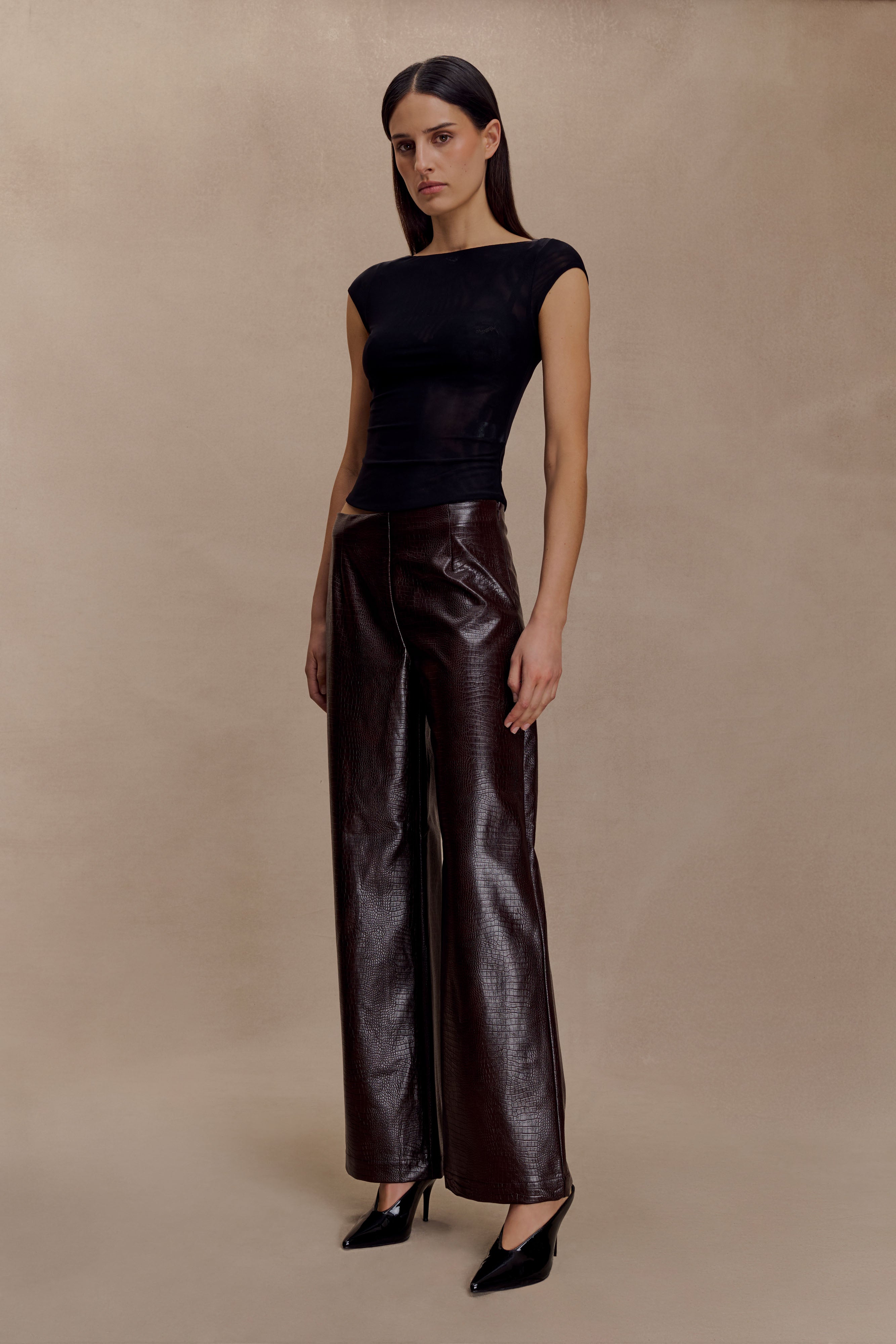 Henry Croc Faux Leather Straight Leg Trousers - Dark Chocolate