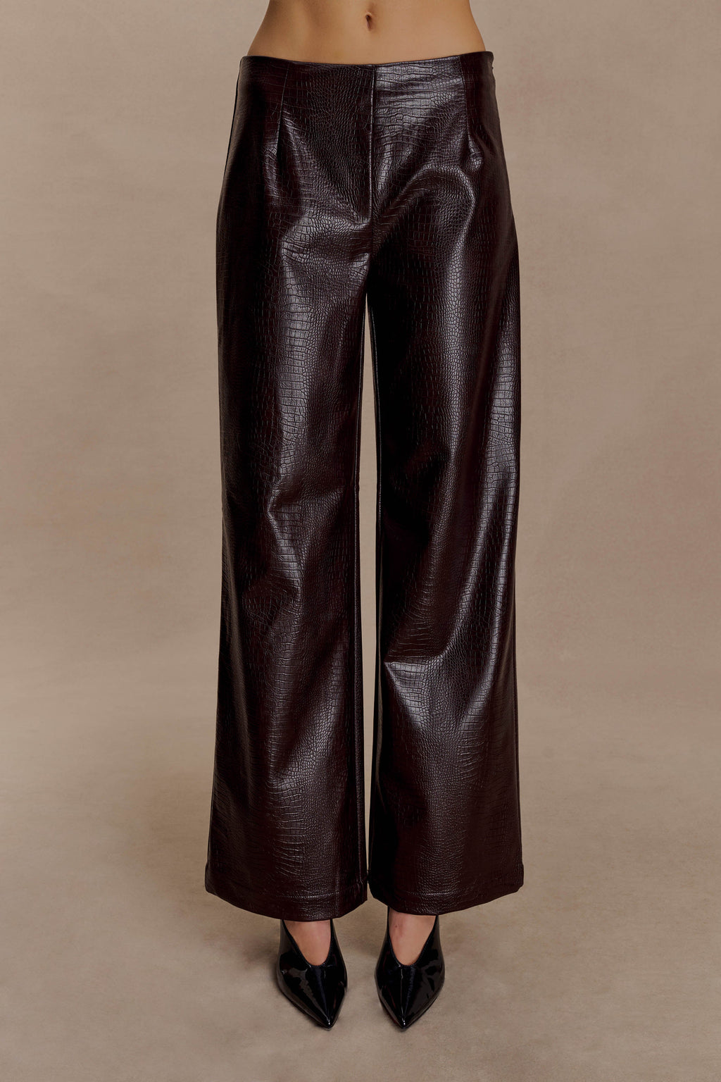 Henry Croc Faux Leather Straight Leg Trousers - Dark Chocolate