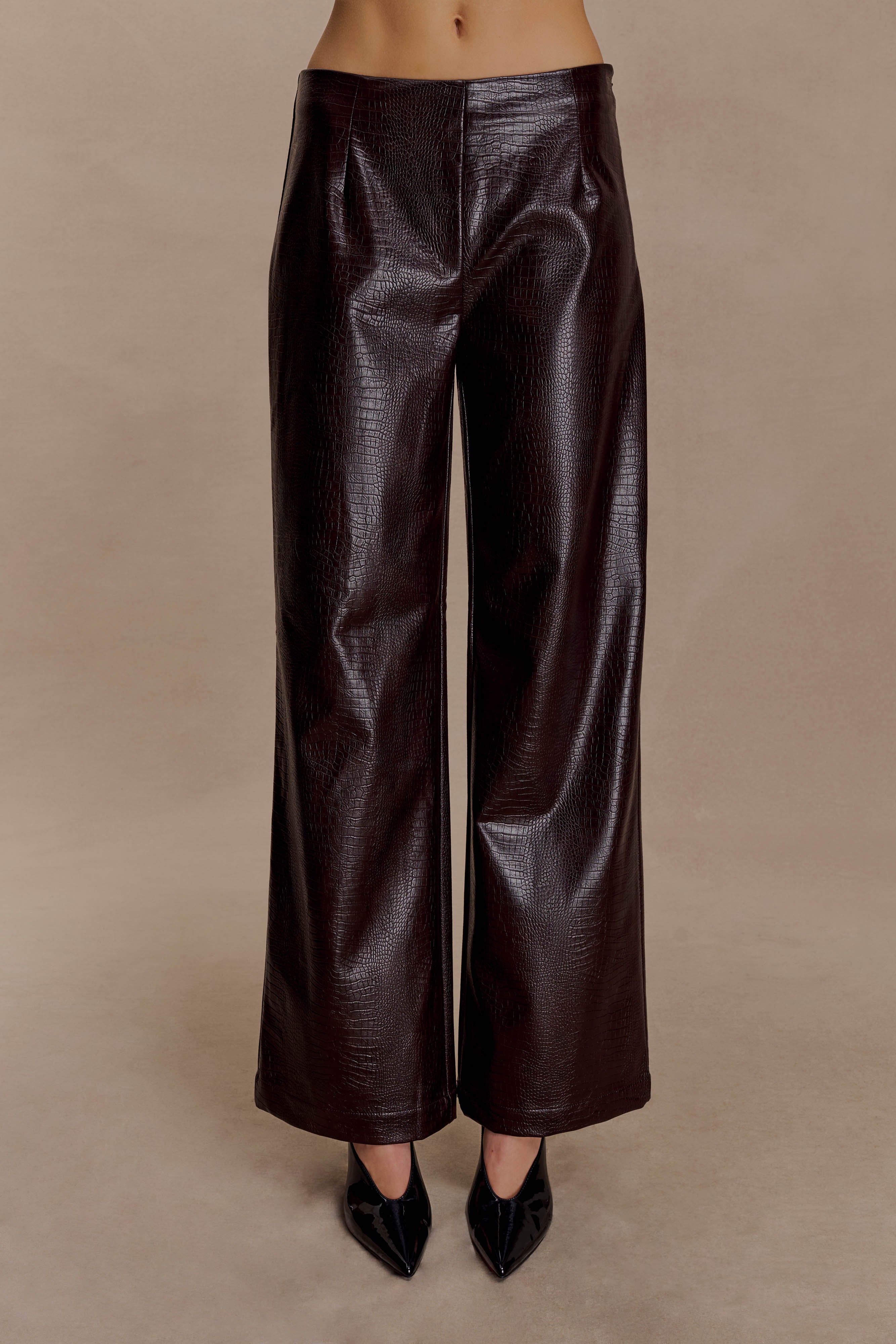 Henry Croc Faux Leather Straight Leg Trousers - Dark Chocolate