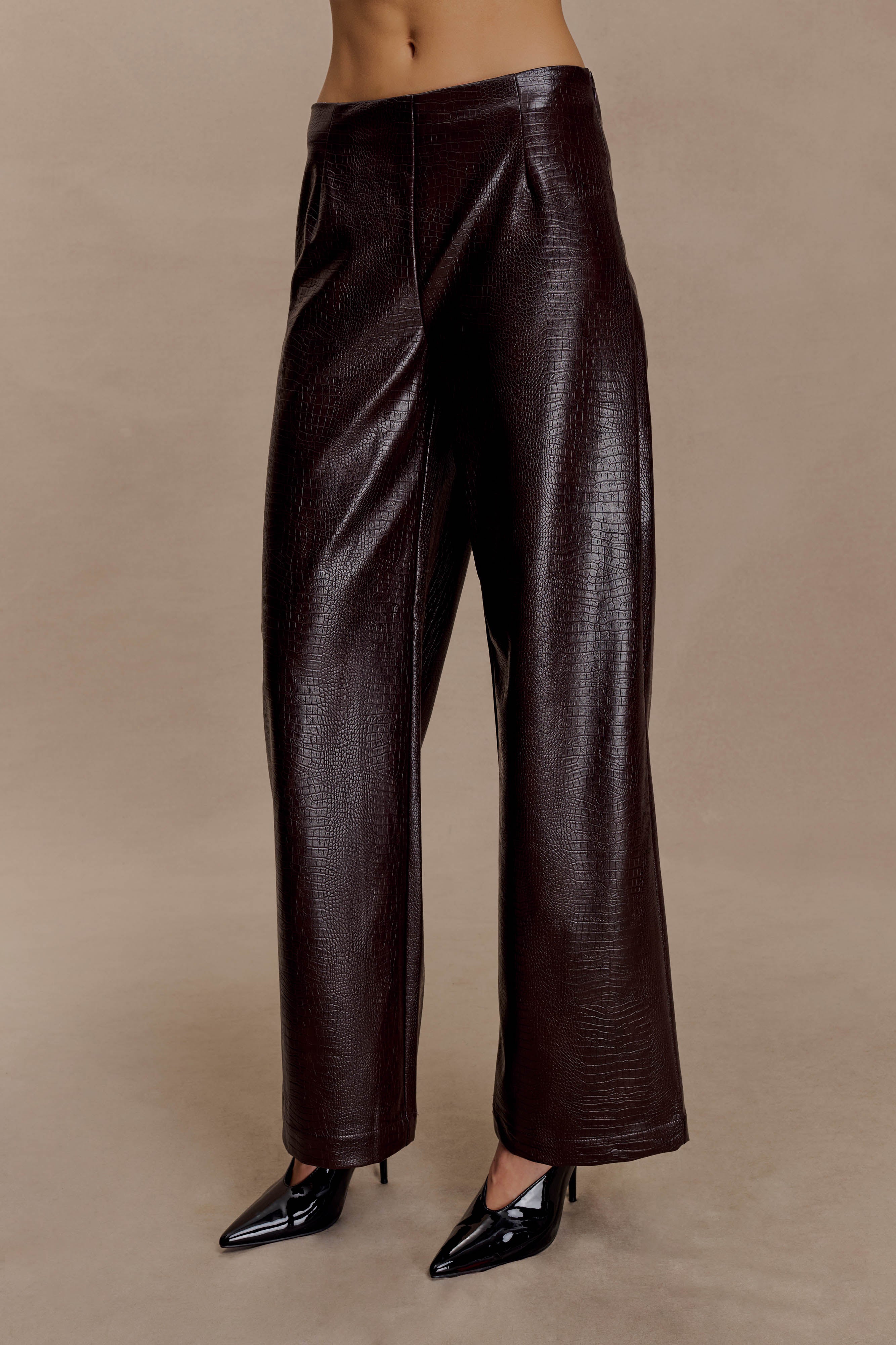 Henry Croc Faux Leather Straight Leg Trousers - Dark Chocolate