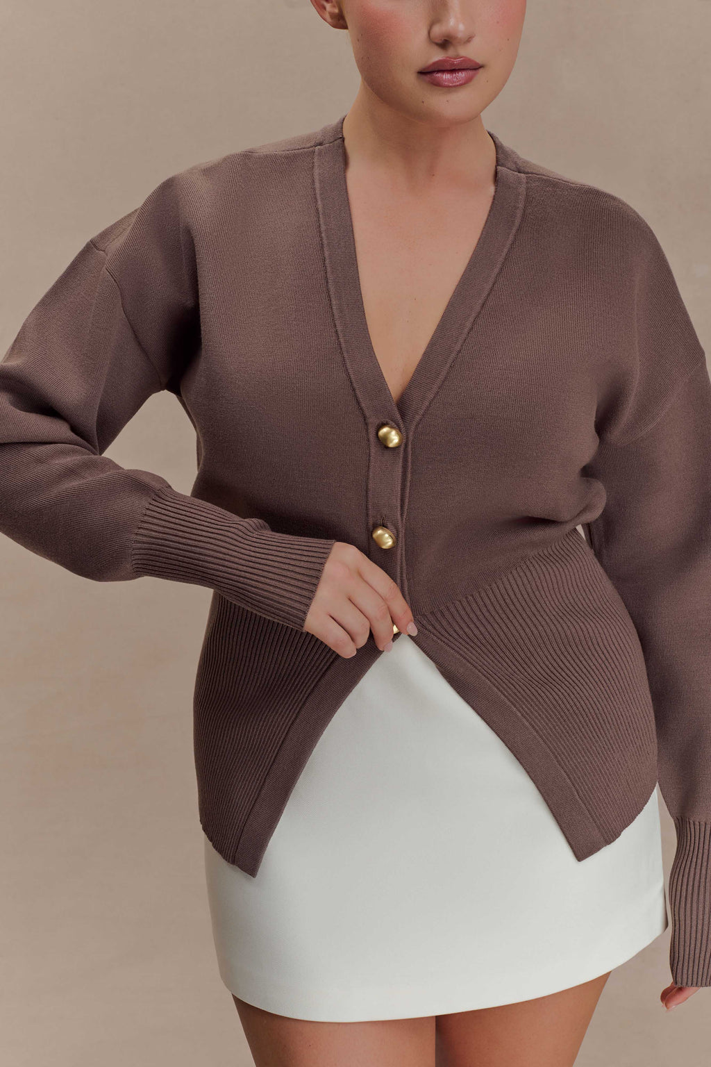 Amanda Statement Button Knit Cardigan in Cacao Brown – Chic&Drifts
