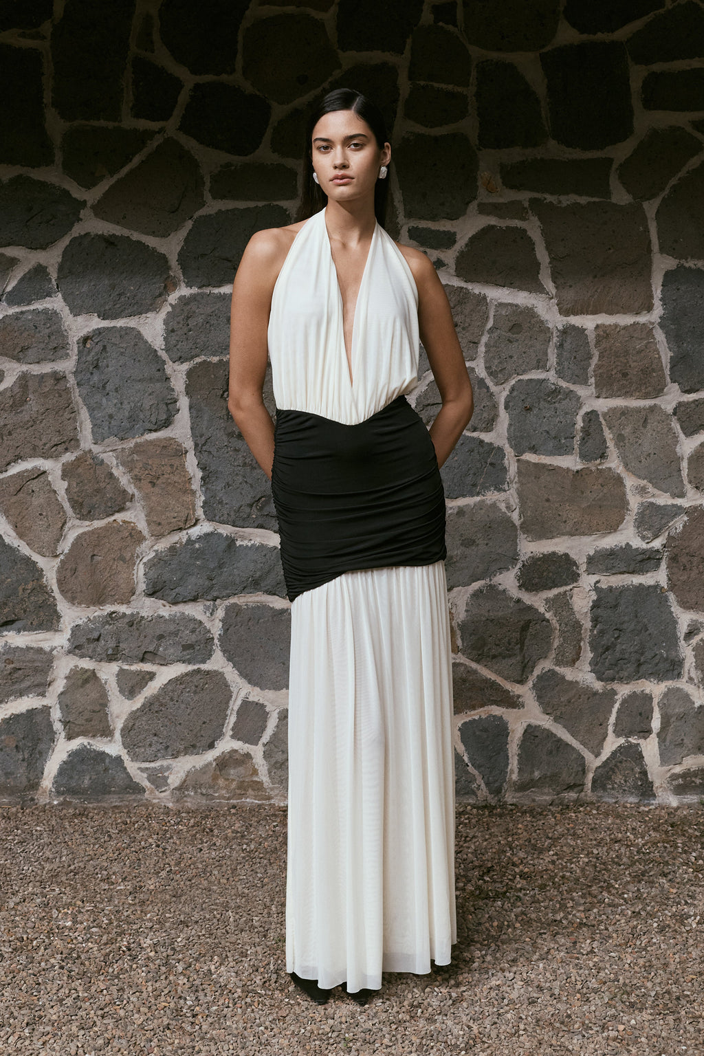 Hailee Slinky And Mesh Halter Maxi Dress