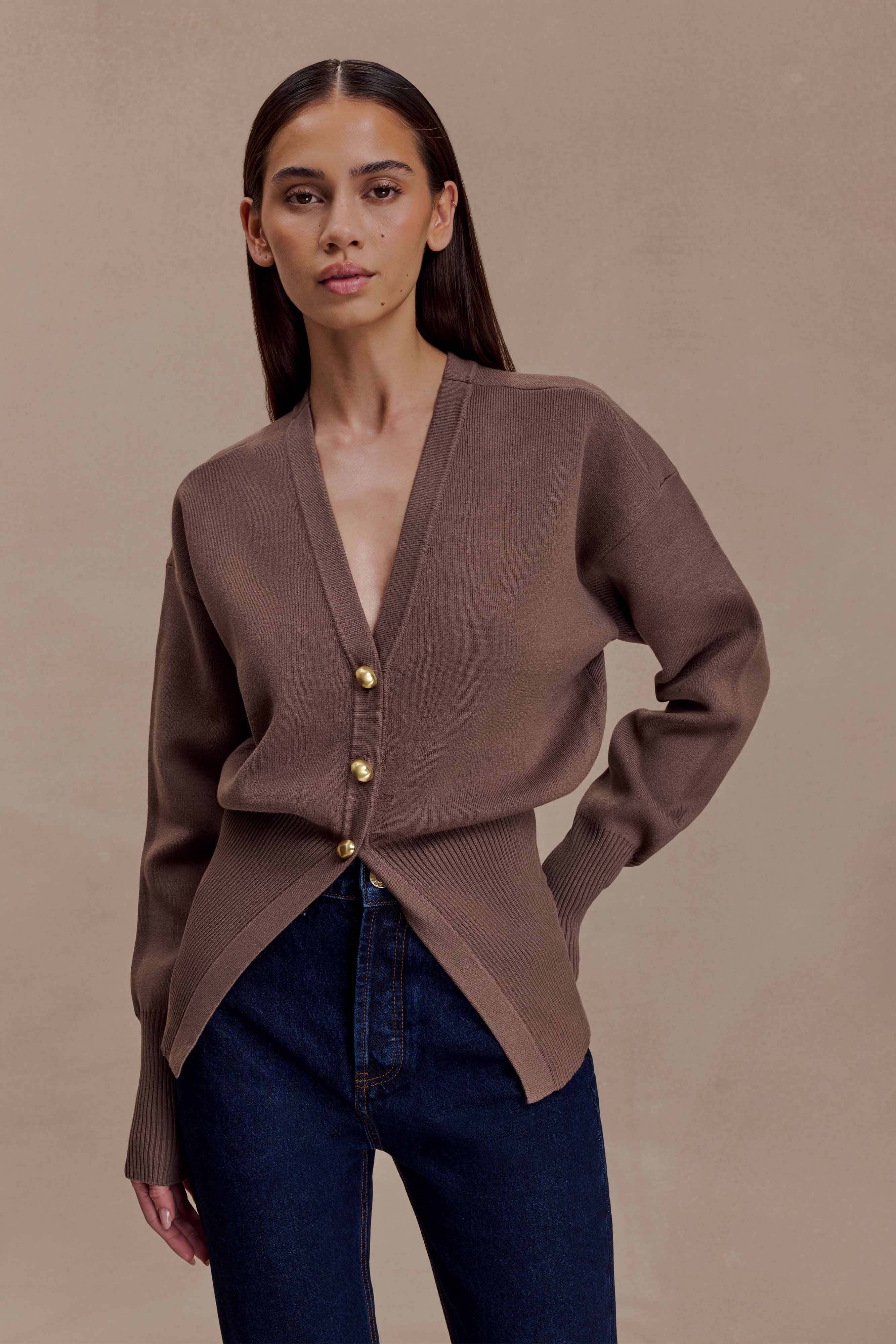 Amanda Statement Button Knit Cardigan in Cacao Brown – Chic&Drifts