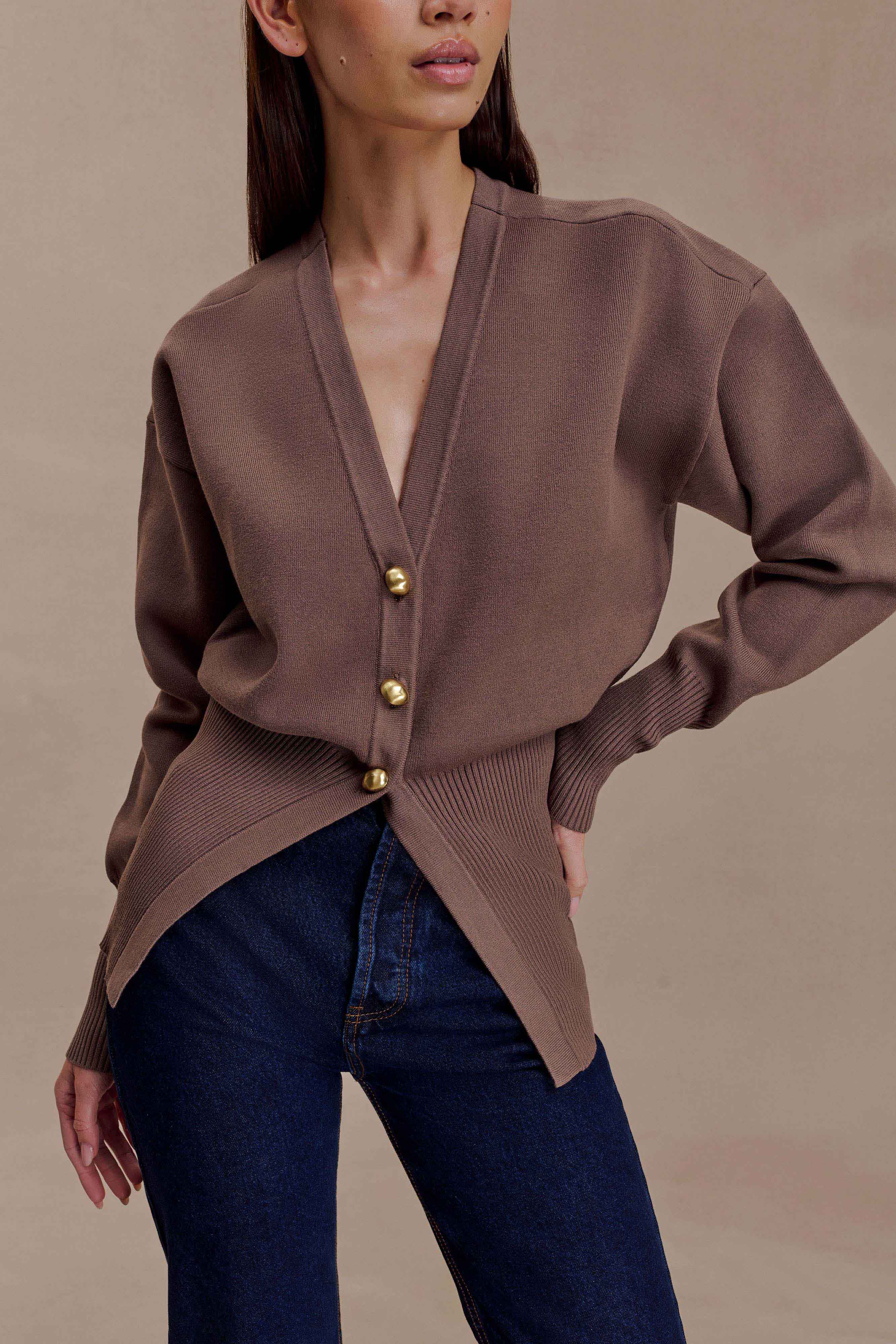 Amanda Statement Button Knit Cardigan in Cacao Brown – Chic&Drifts