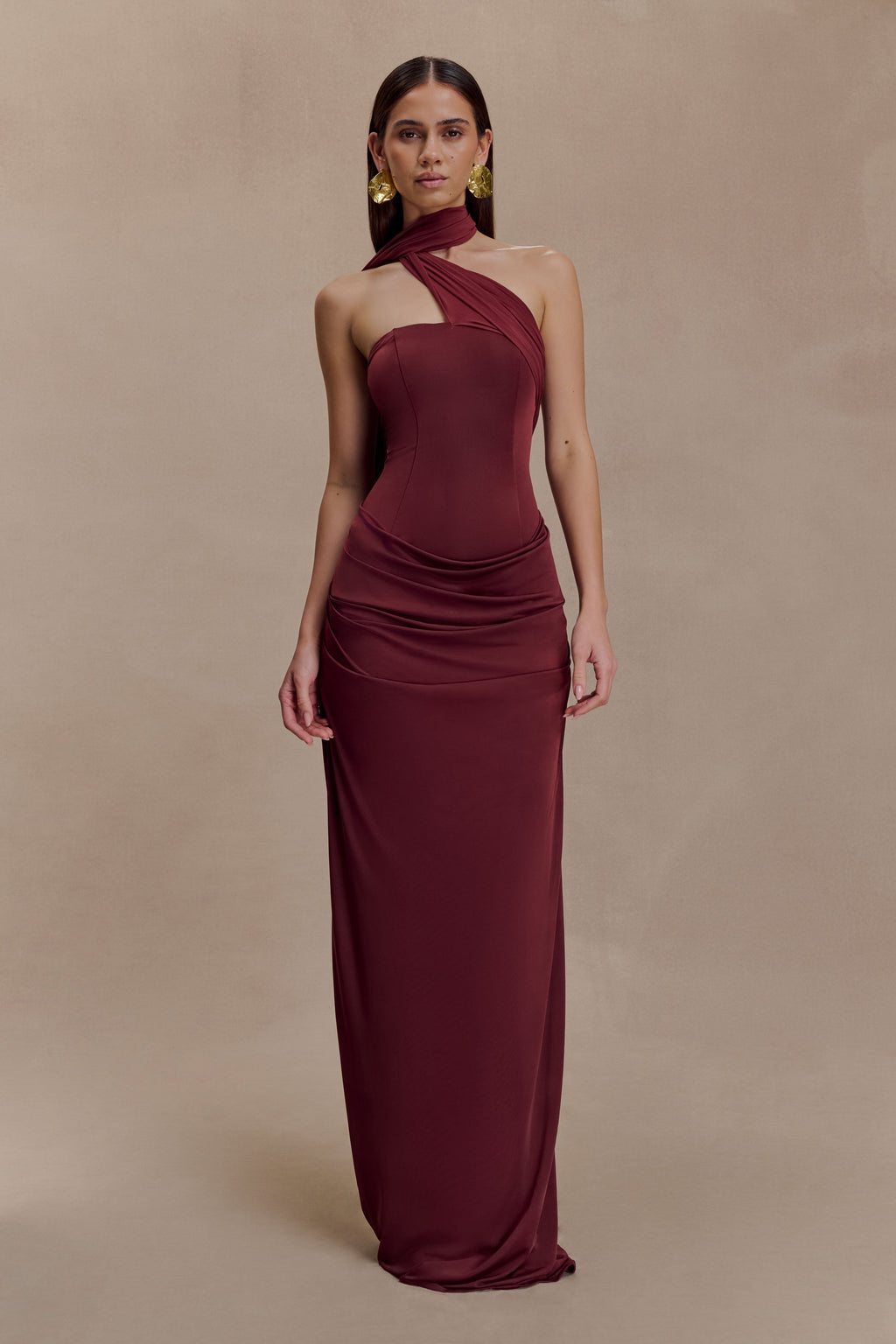 Mattea Slinky And Mesh Maxi Dress With Scarf