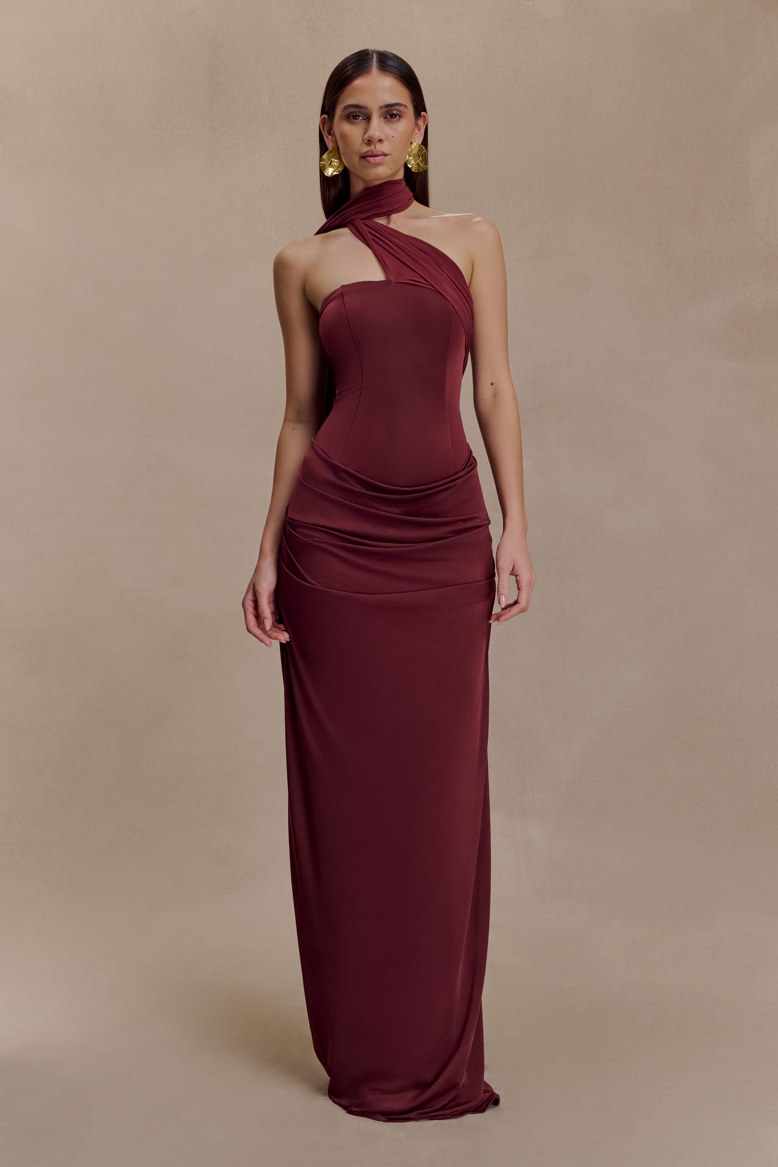 Mattea Slinky And Mesh Maxi Dress With Scarf