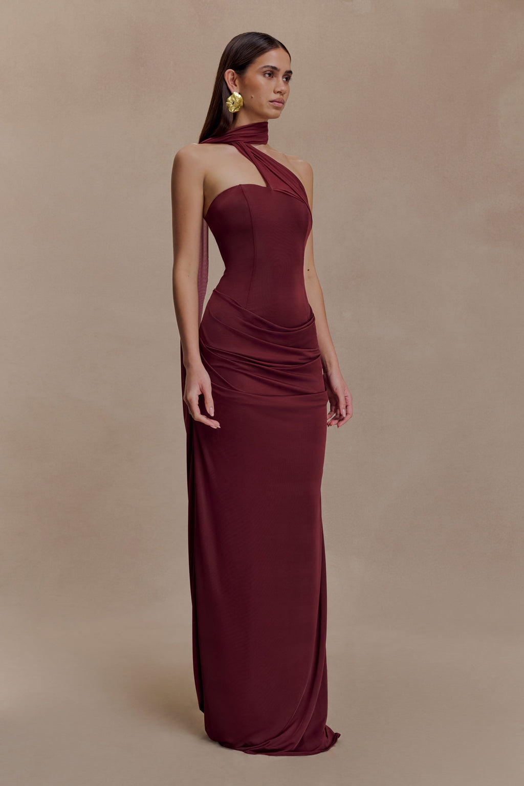 Mattea Slinky And Mesh Maxi Dress With Scarf