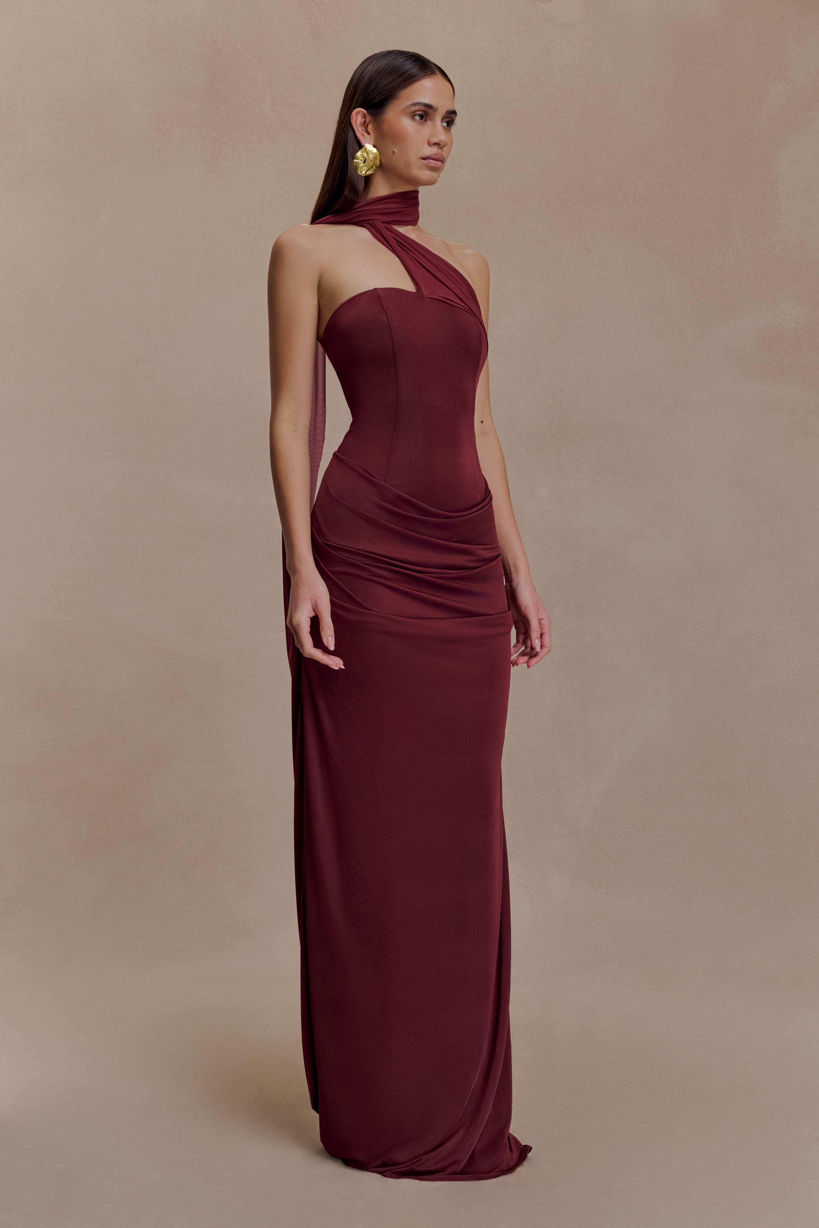 Mattea Slinky And Mesh Maxi Dress With Scarf