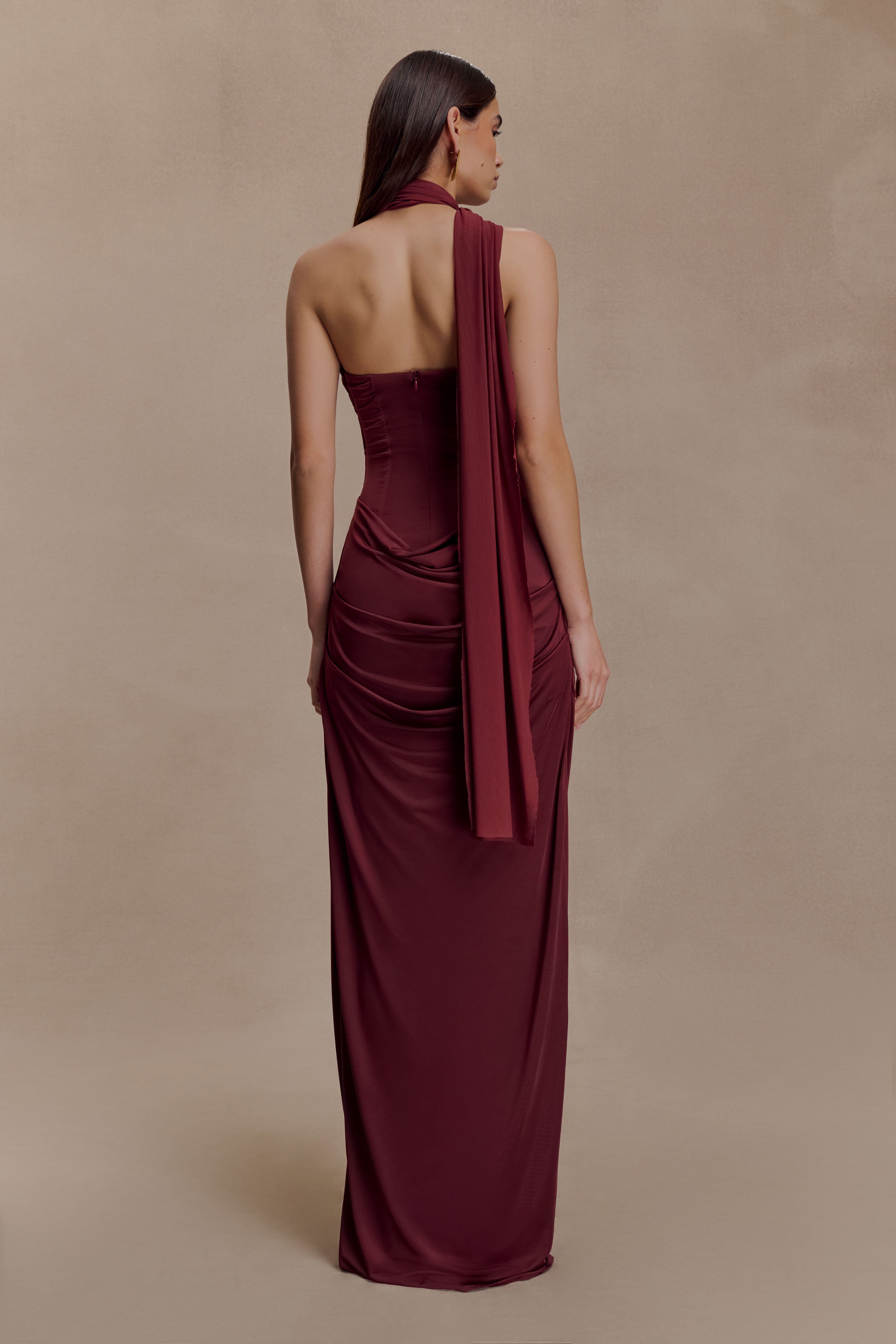 Mattea Slinky And Mesh Maxi Dress With Scarf