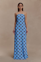 Amaya Strapless Chiffon Maxi Dress in Blue Polka Dot – Chic&Drifts
