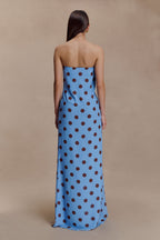 Amaya Strapless Chiffon Maxi Dress in Blue Polka Dot – Chic&Drifts