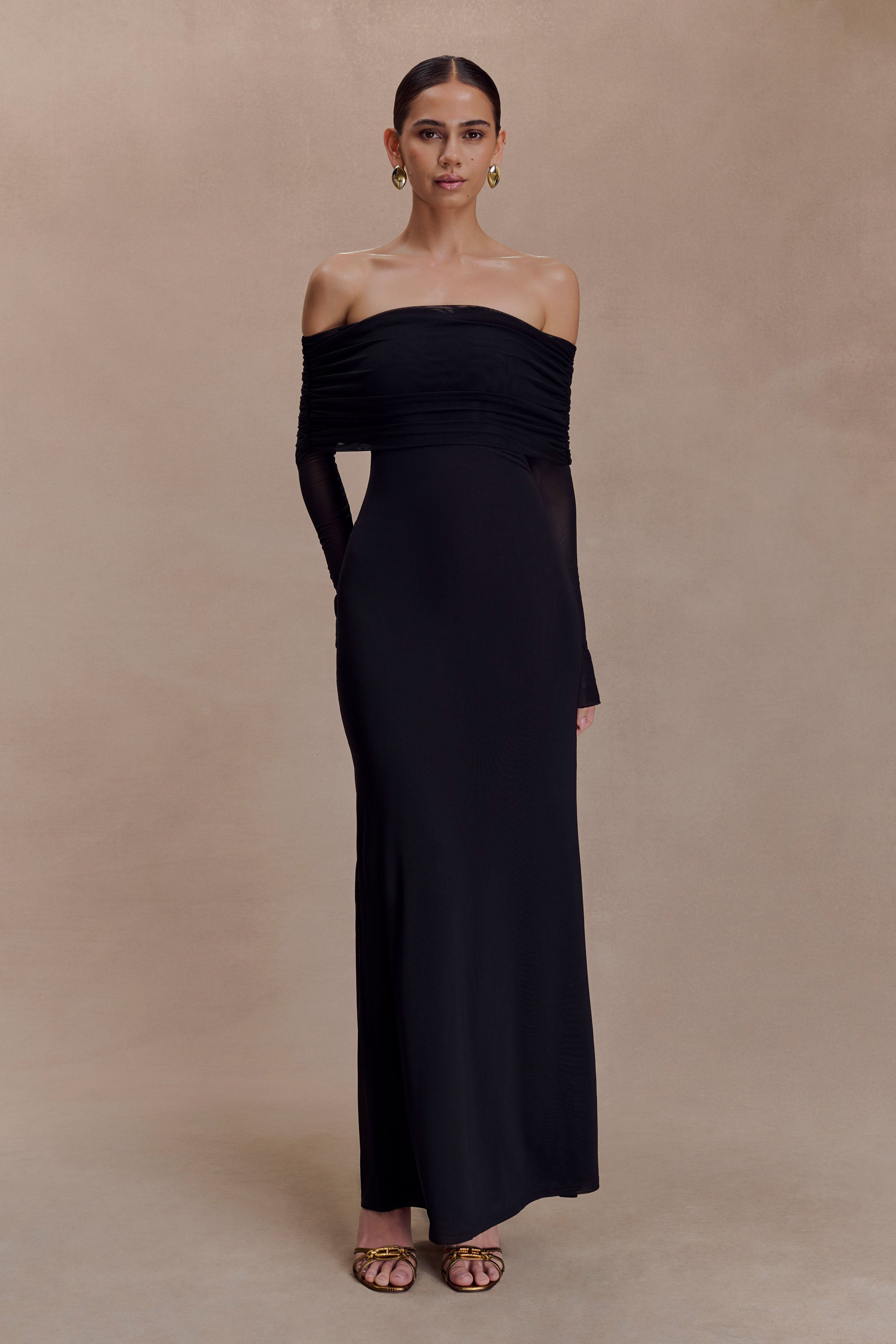 Josie Off Shoulder Mesh Maxi Dress in Black – Chic&Drifts