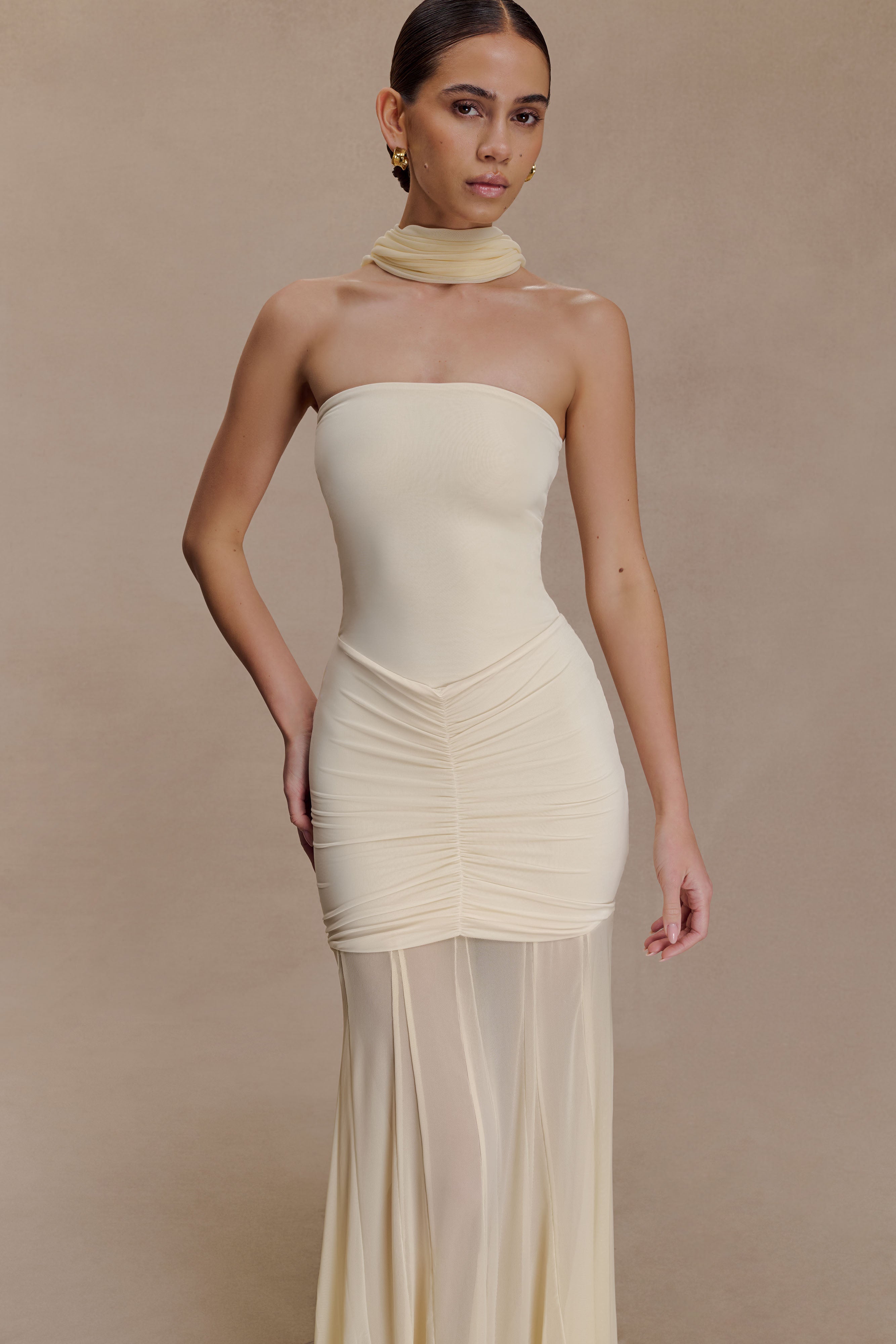 Caspian Slinky And Mesh Off Shoulder Maxi Dress in Ivory – Chic&Drifts