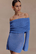 Marisol Off Shoulder Boucle Mini Dress in Periwinkle – Chic&Drifts