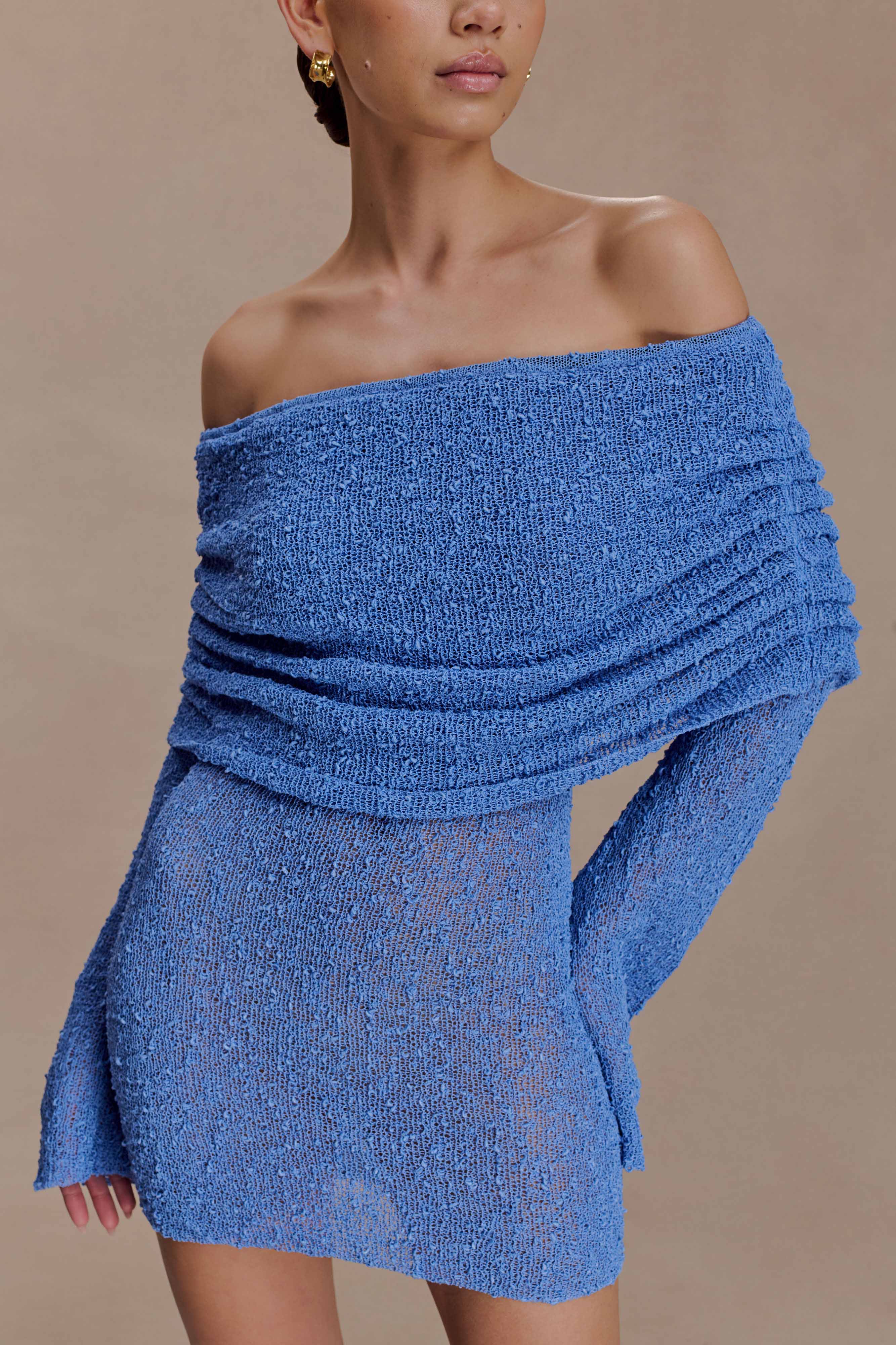 Marisol Off Shoulder Boucle Mini Dress in Periwinkle – Chic&Drifts