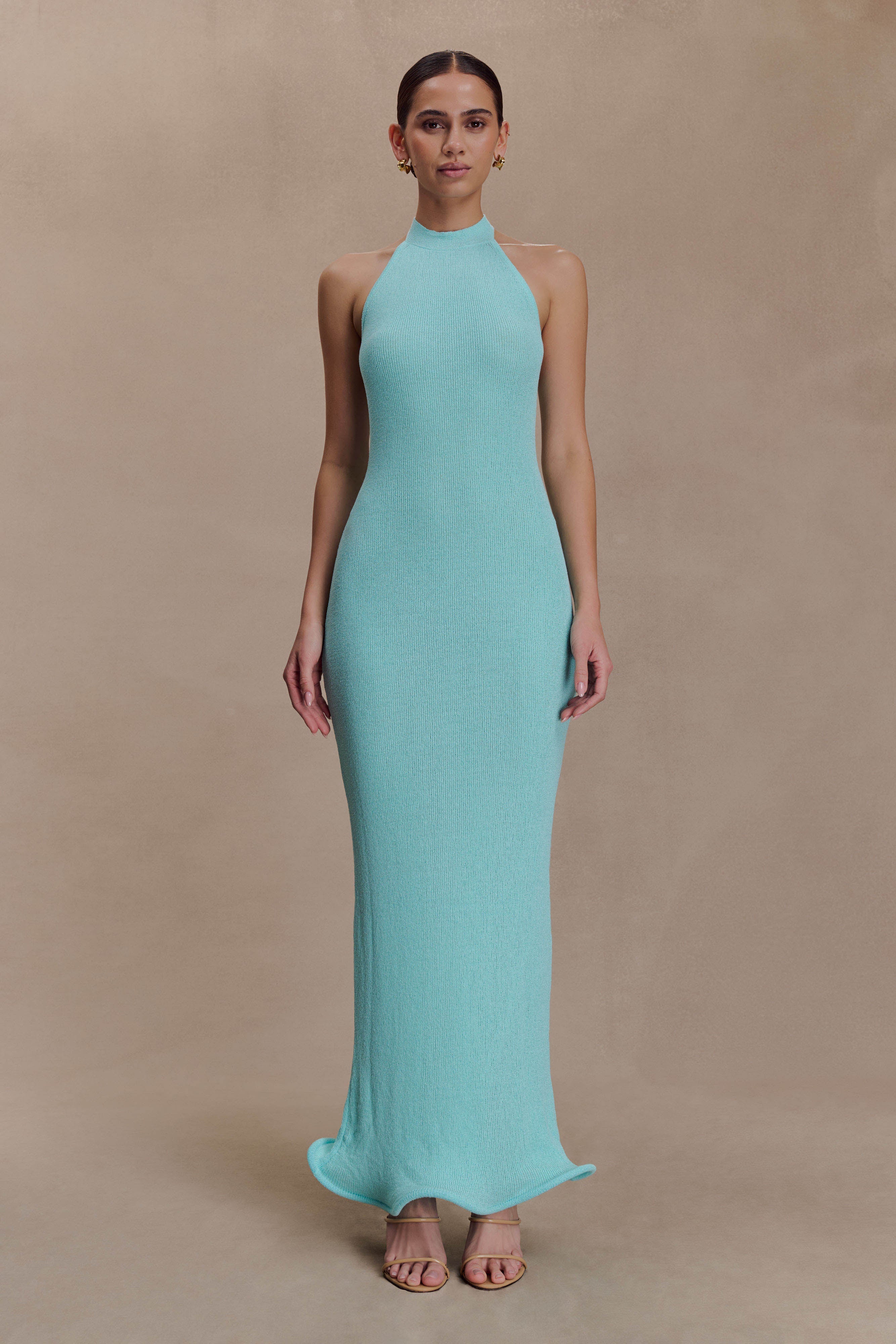 Melodie Halter Knit Maxi Dress in Cyan Blue – Chic&Drifts