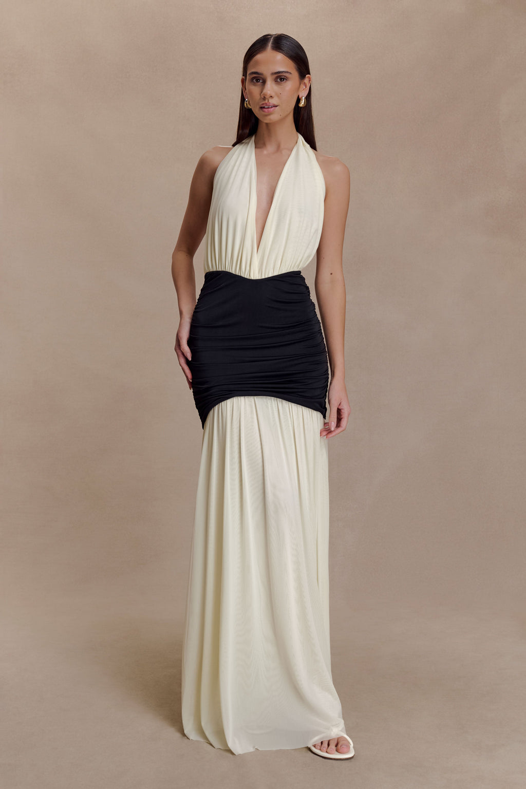 Hailee Slinky And Mesh Halter Maxi Dress
