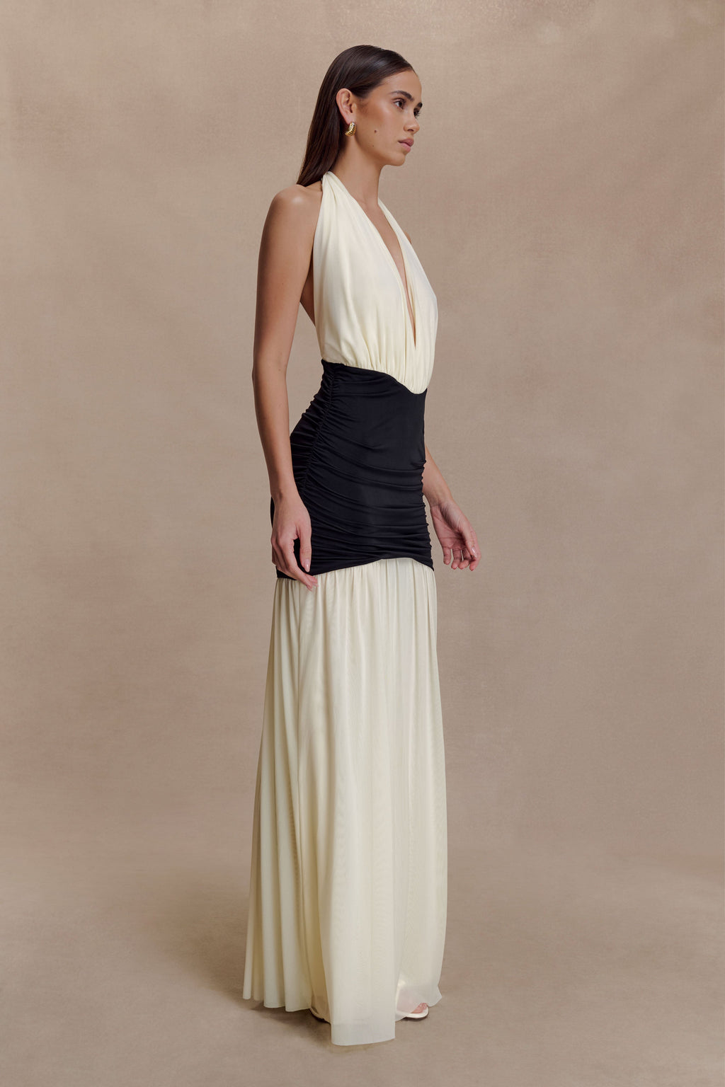 Hailee Slinky And Mesh Halter Maxi Dress