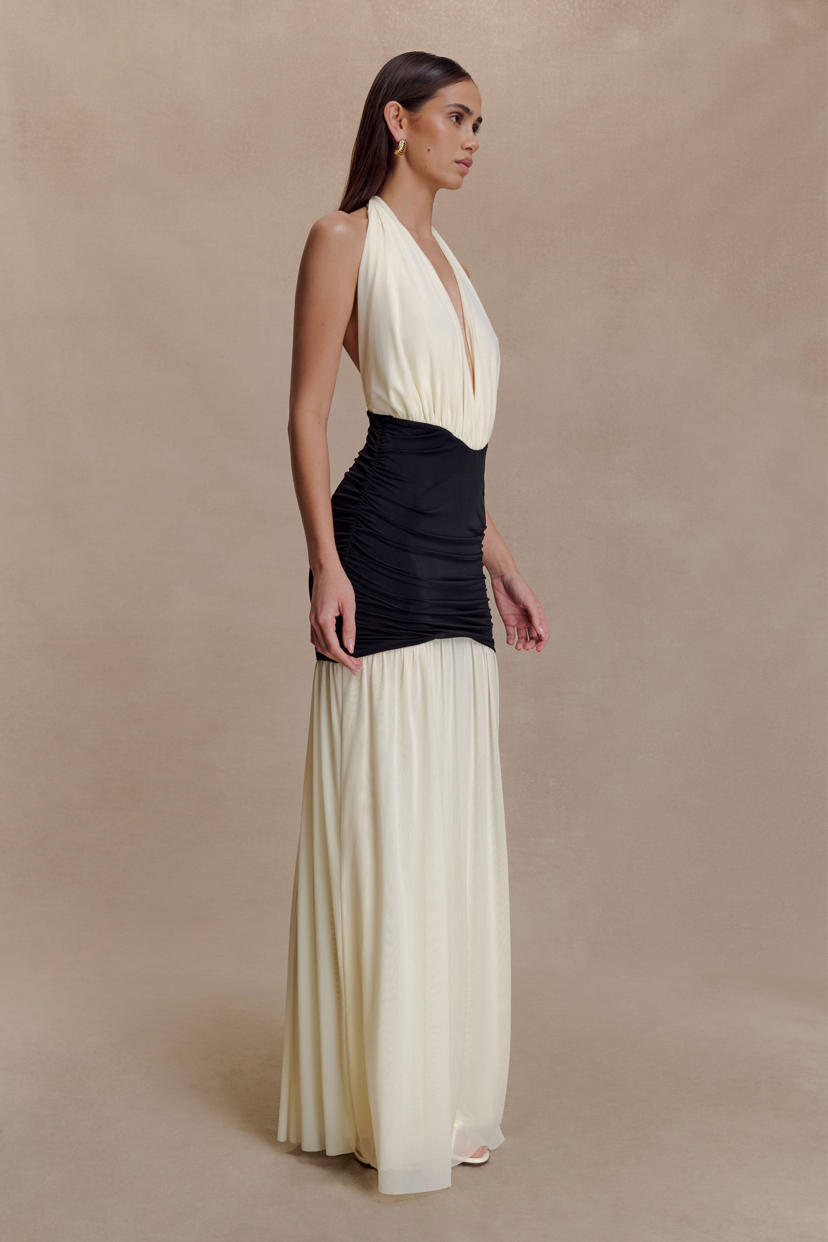 Hailee Slinky And Mesh Halter Maxi Dress