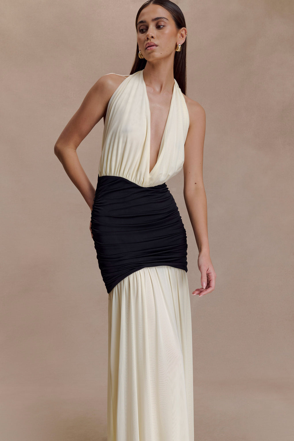 Hailee Slinky And Mesh Halter Maxi Dress